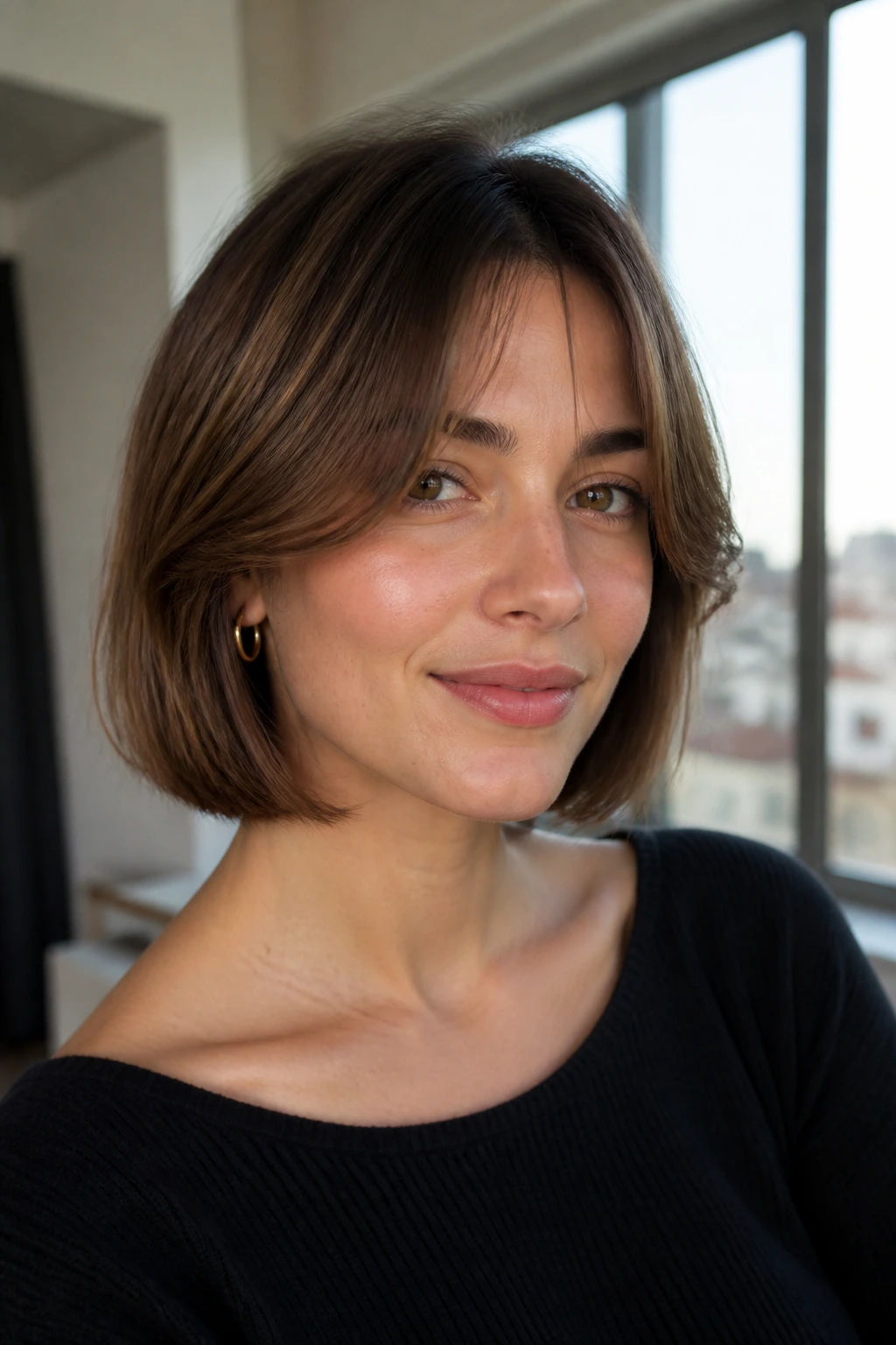 Close-up of a real woman with curtain bangs bob