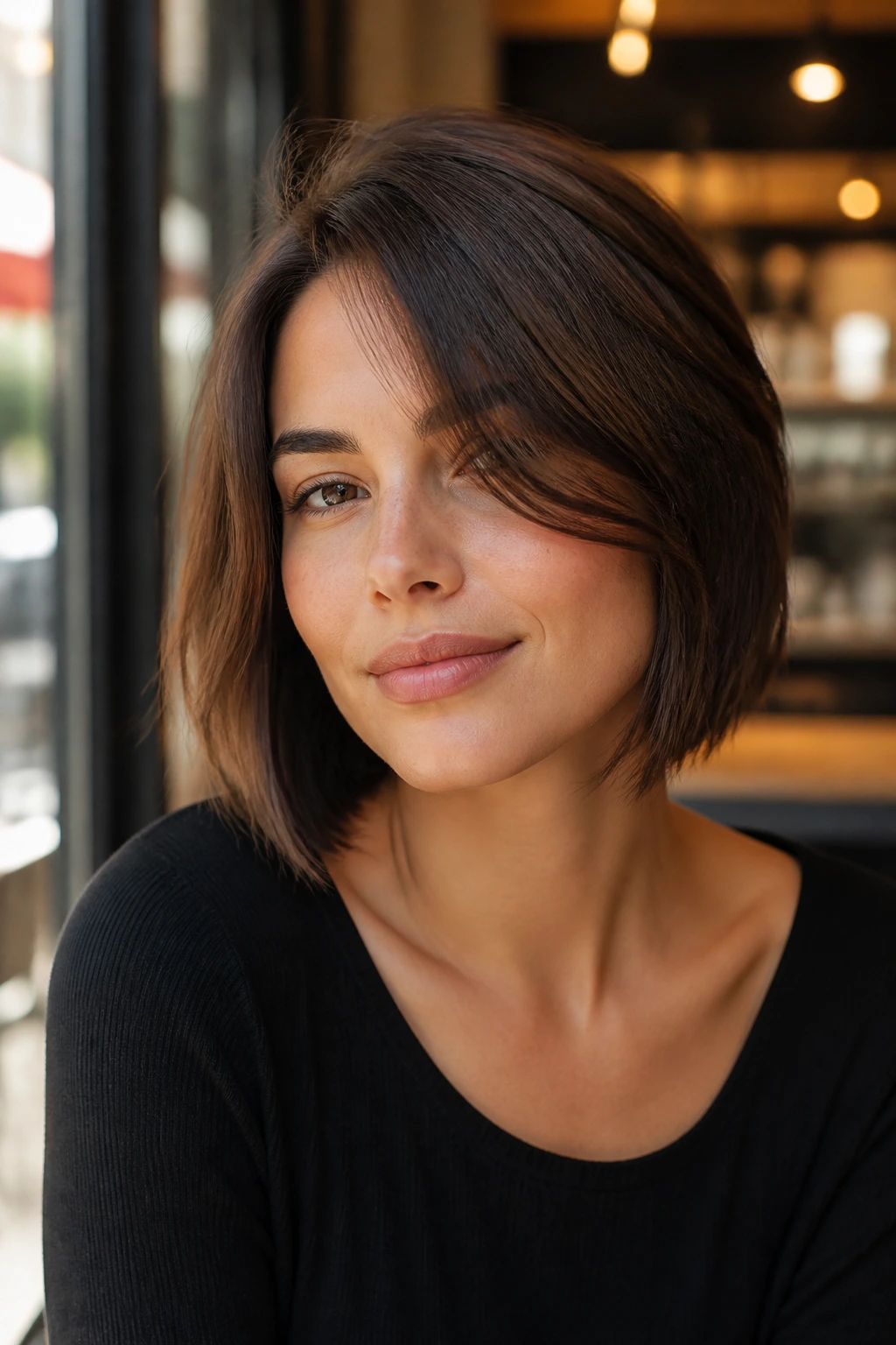 Close-up of a woman with side-swept curtain bangs and an uneven bob