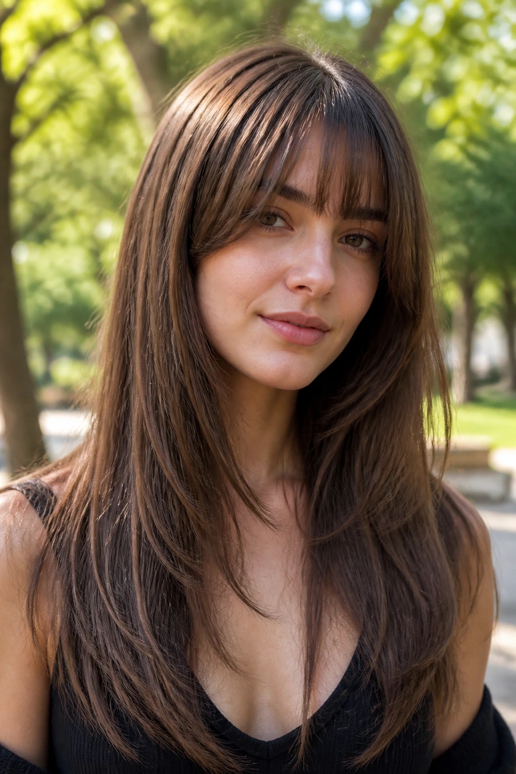 Close-up portrait of a real person wearing curtain-adjacent straight bangs in a sunlit park