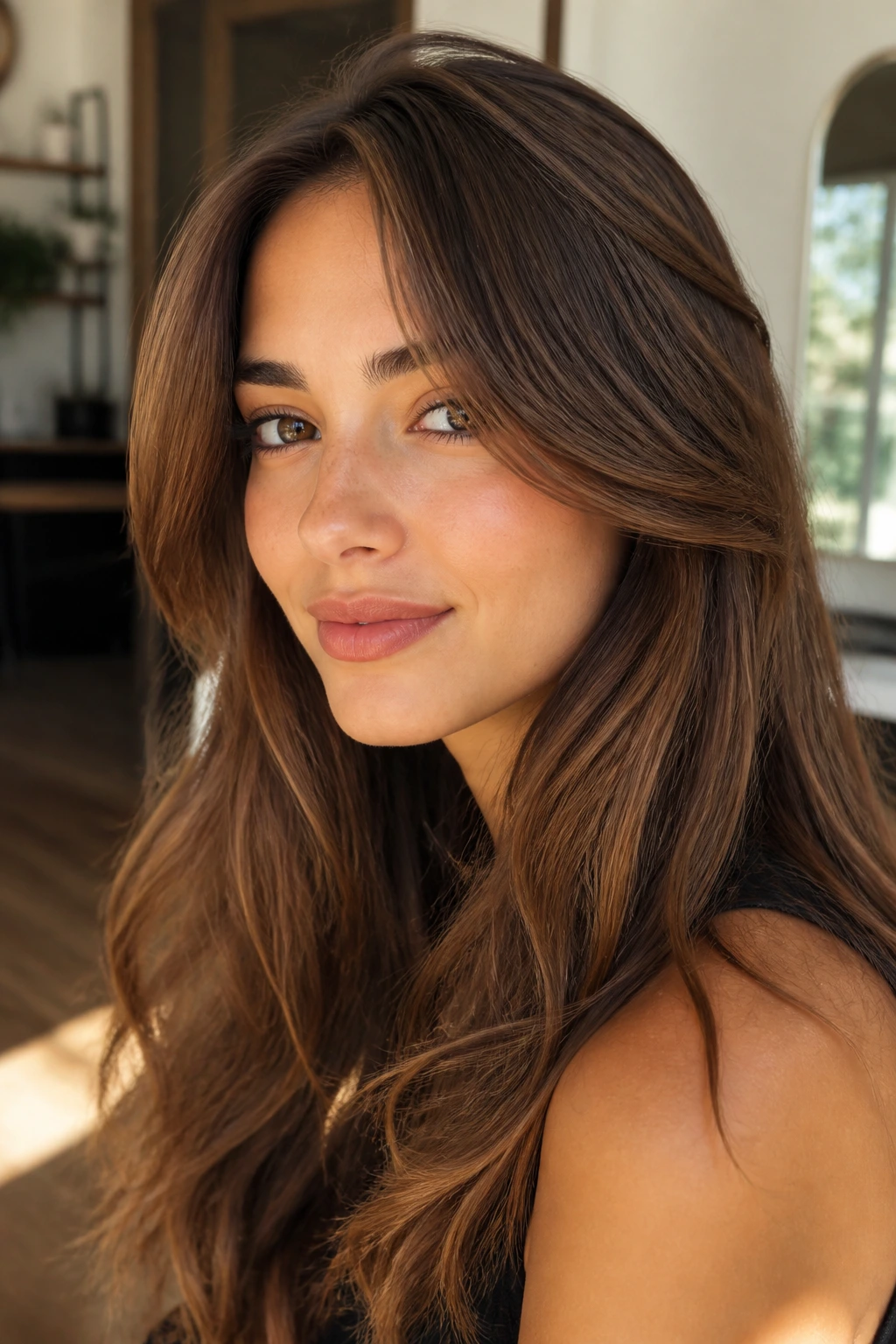 Close-up portrait of a person with curtain bangs swept to the sides in warm interior light