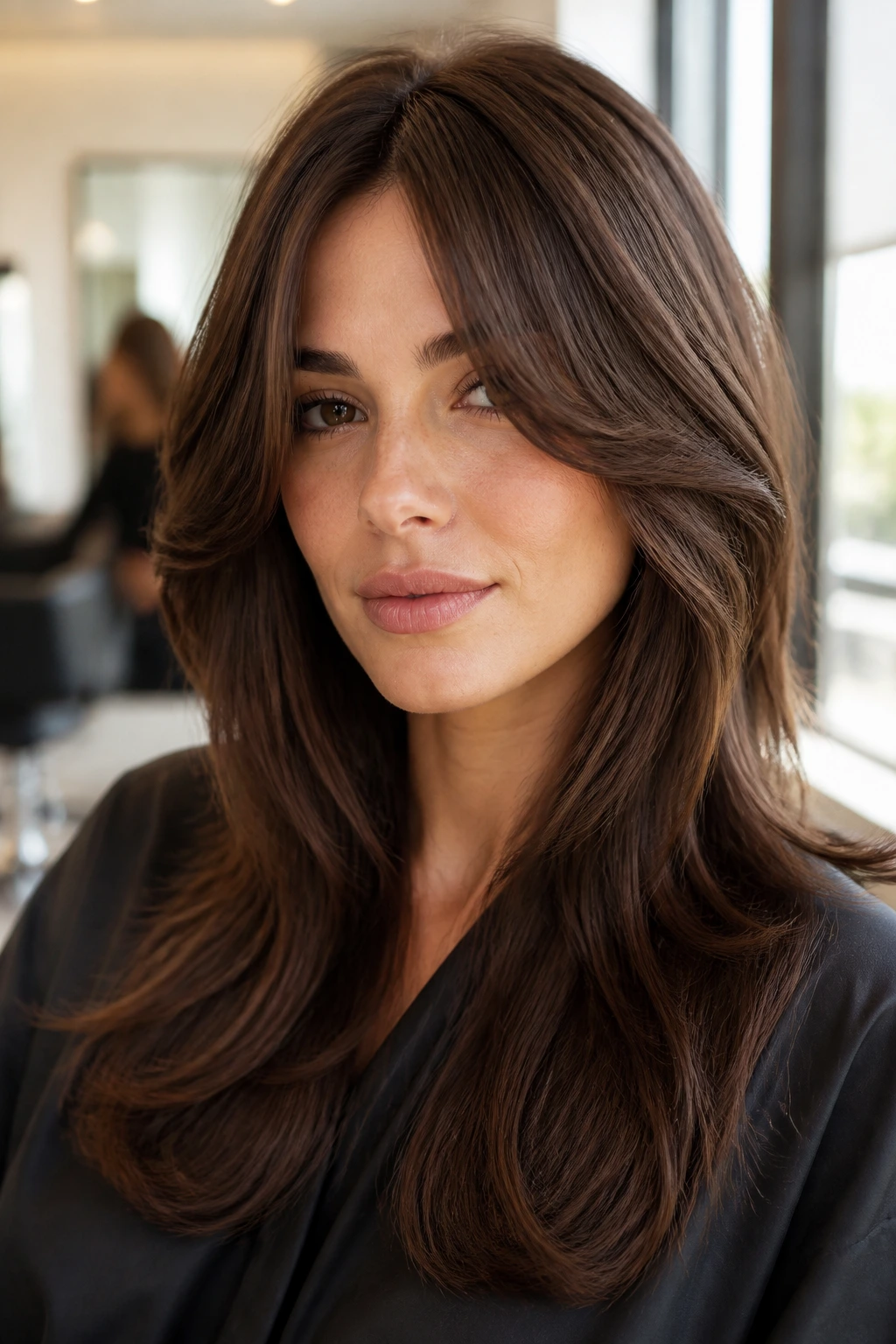 Close-up portrait of a real woman with long Bardot curtain bangs in rich chocolate brown.