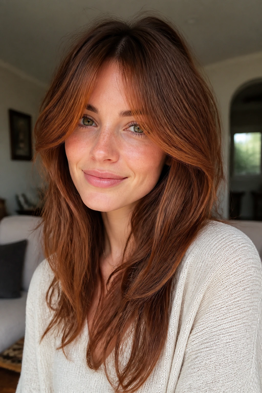 Real woman with copper-toned curtain bangs framing eyes