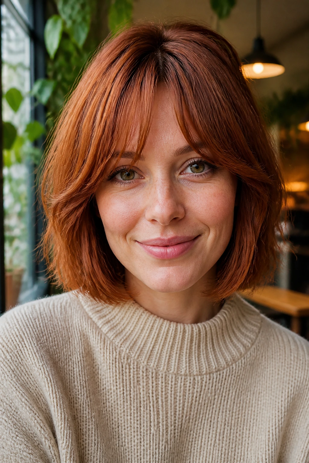 Close-up of a real woman with copper bob and curtain bangs in a sunny cafe setting