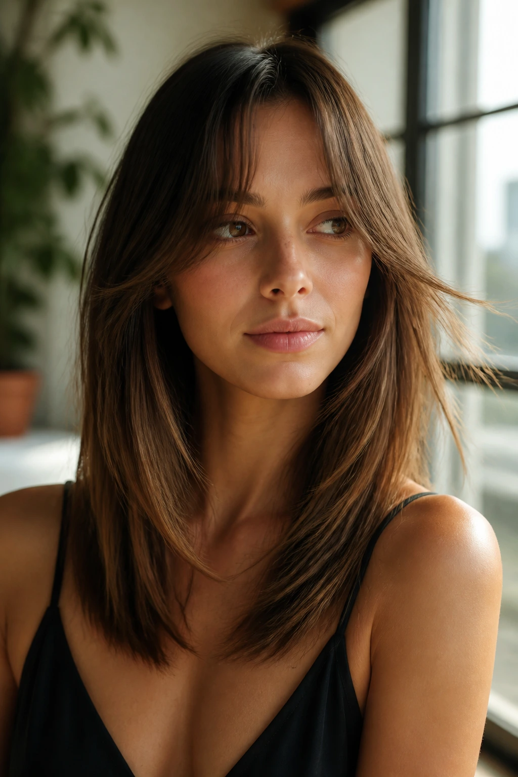 Portrait of a woman with curtain bangs and face-framing layers