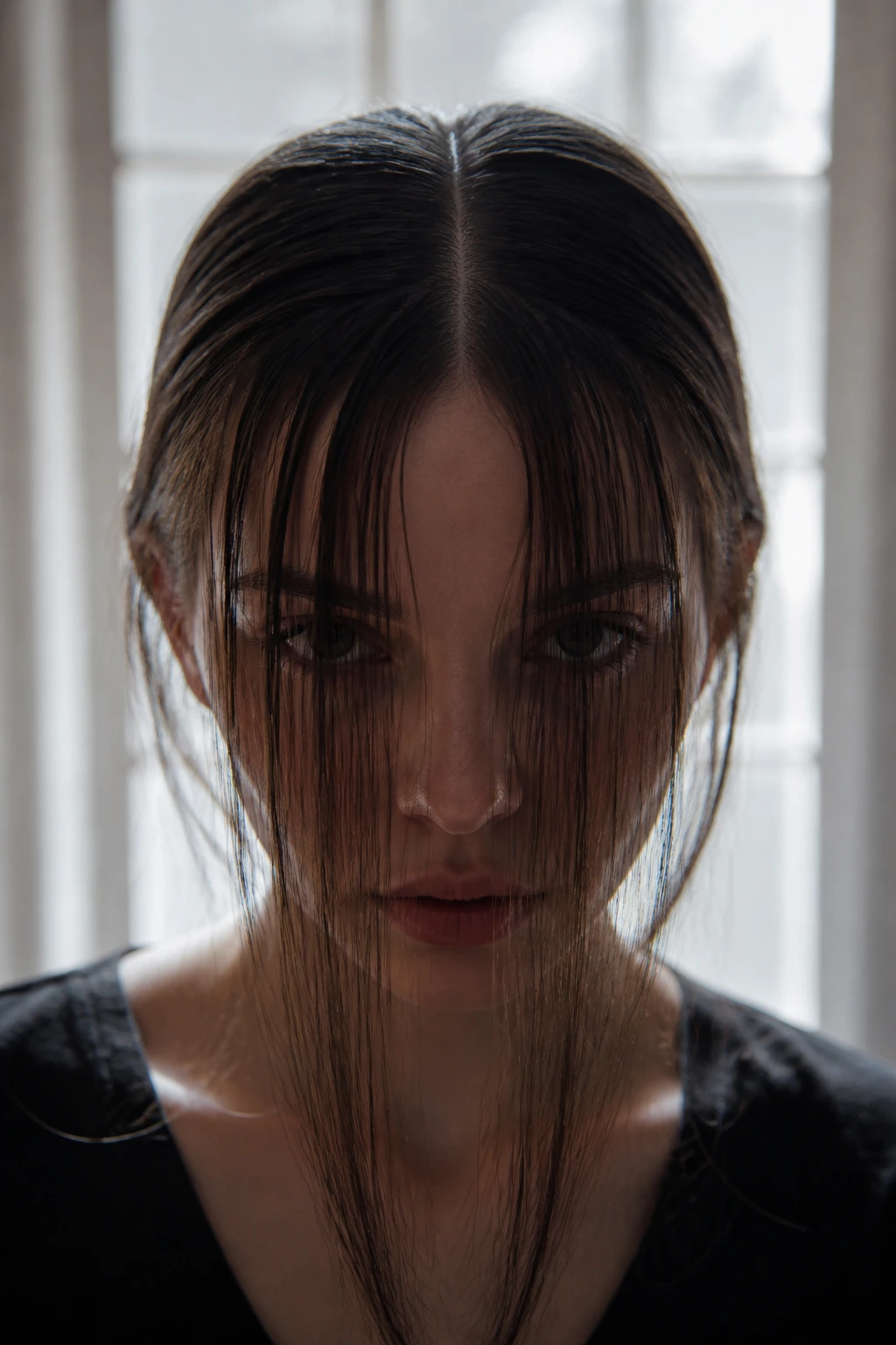 Close-up of a real person's face with wispy curtain-fringe over the eyes
