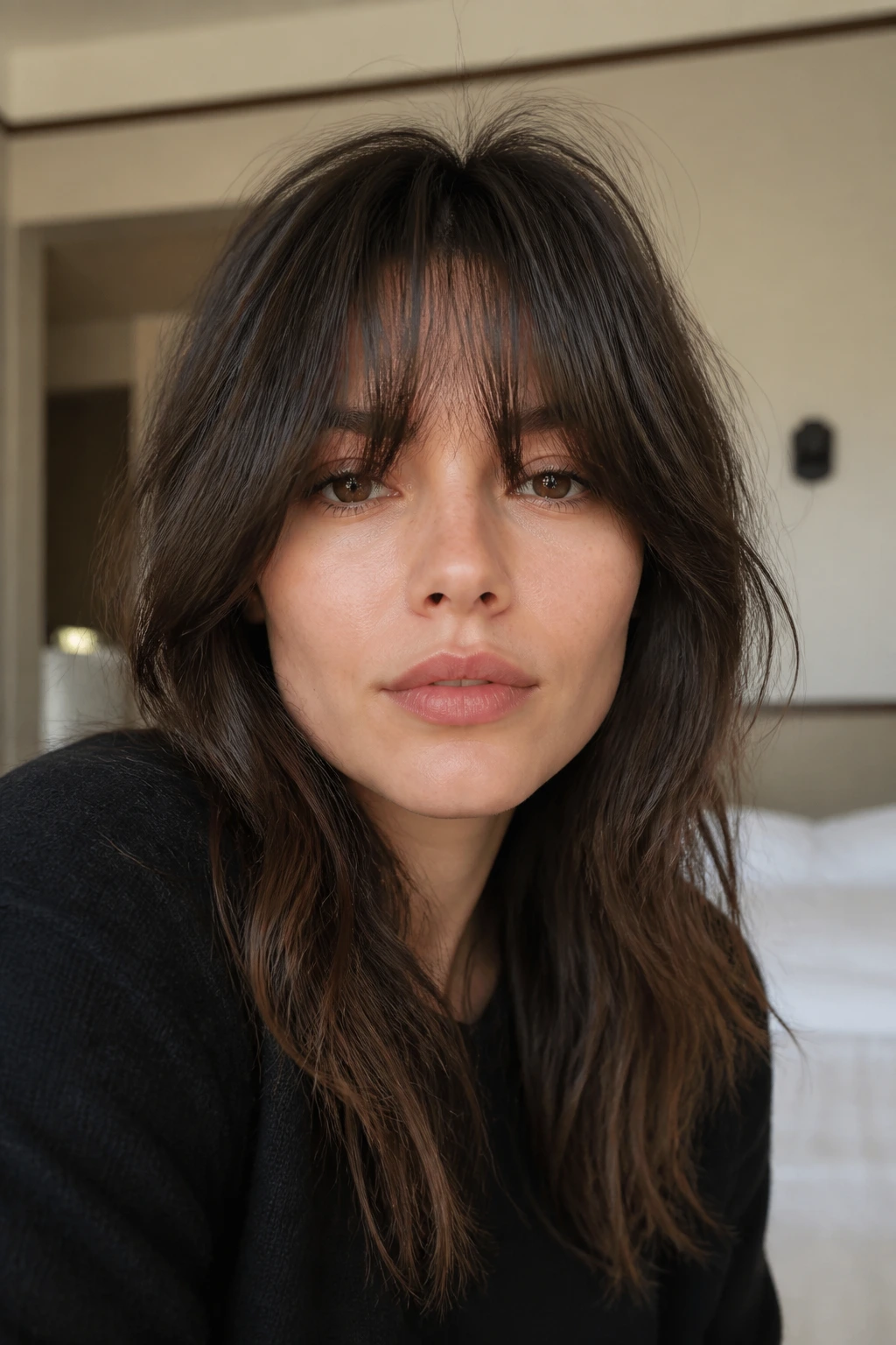 Close-up of a woman with curtain bangs.