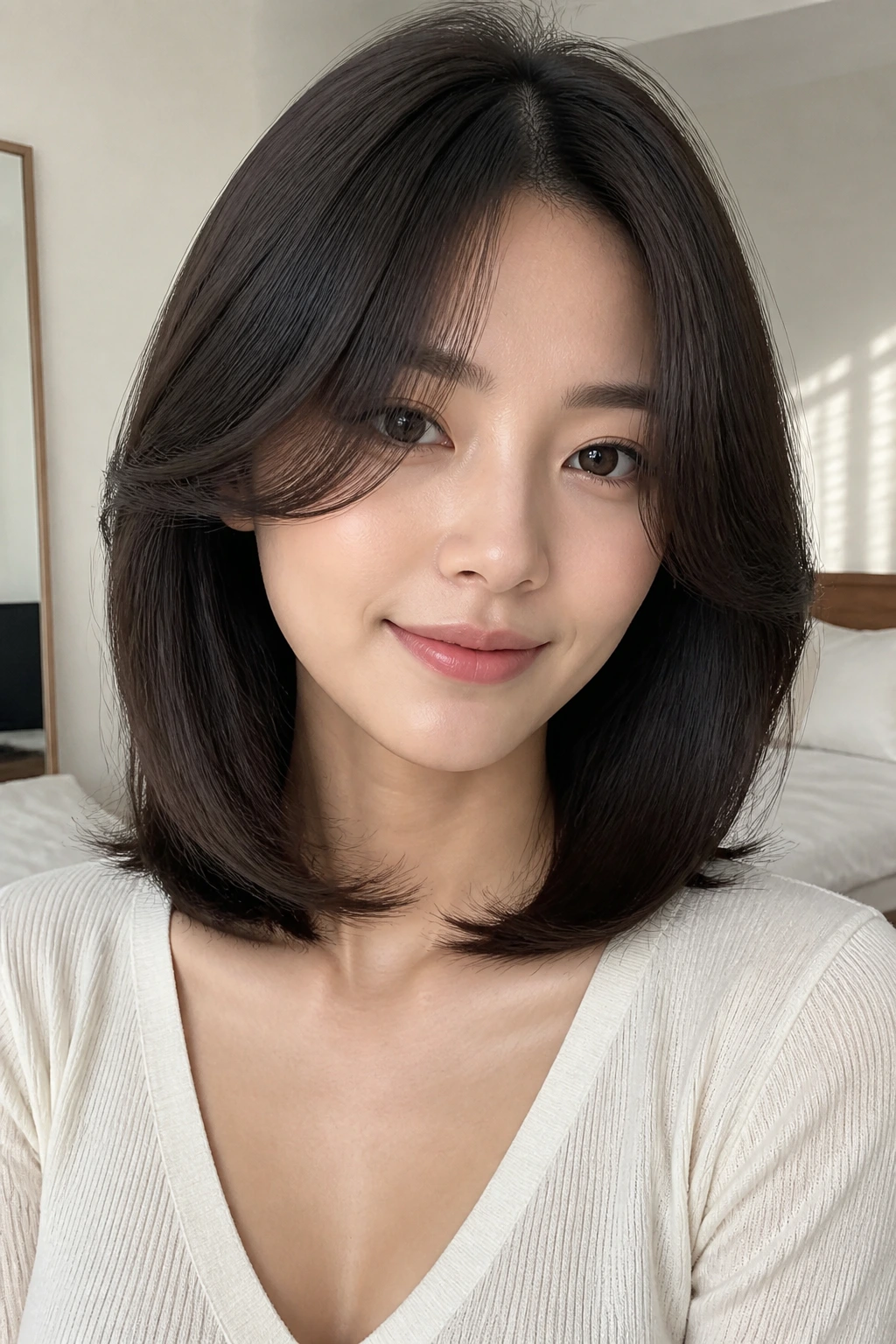 Close-up of a real person with softly beveled curtain bangs on a collarbone-length lob