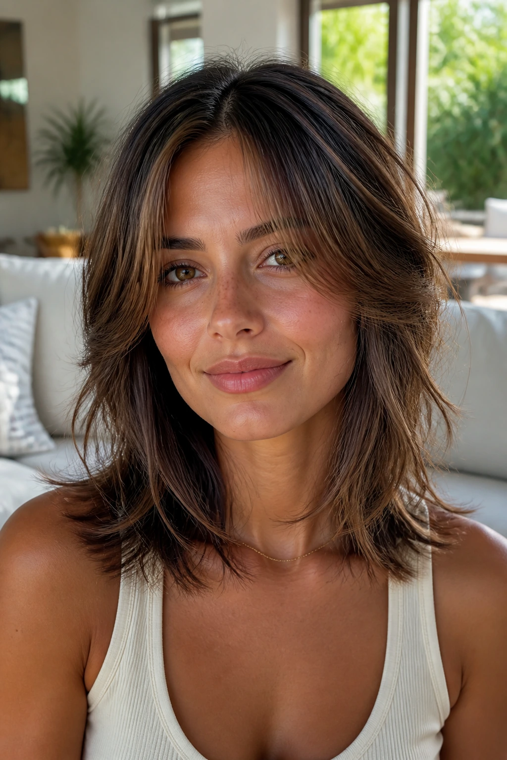 Real woman with softly layered lob and curtain bangs