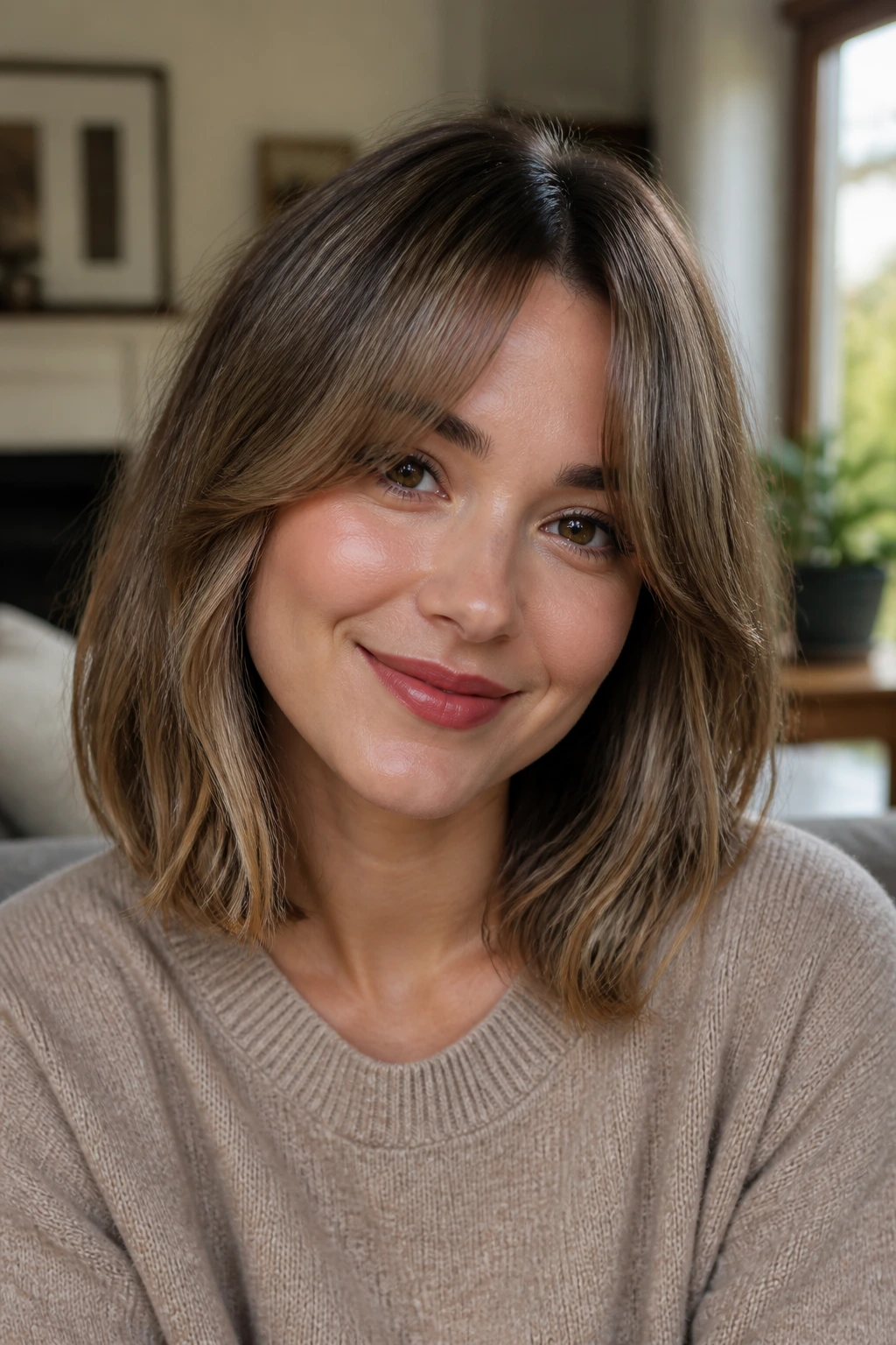 Close-up portrait of a real person with curtain bangs and collarbone-length lob