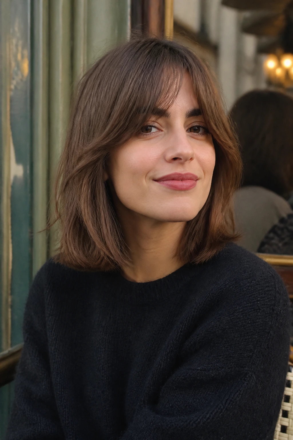 Portrait of a woman with a French lob and curtain bangs