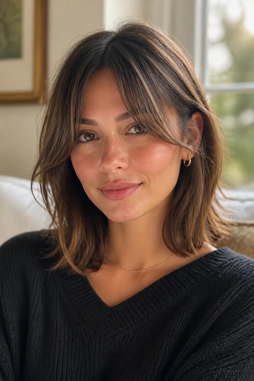 Close-up of a real woman with a lob and curtain bangs