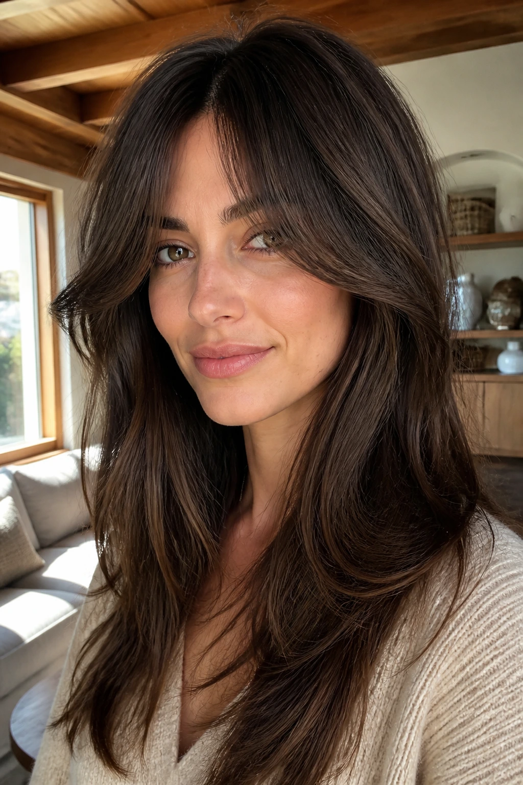 Close-up of a woman with curtain bangs and long layers in warm window light