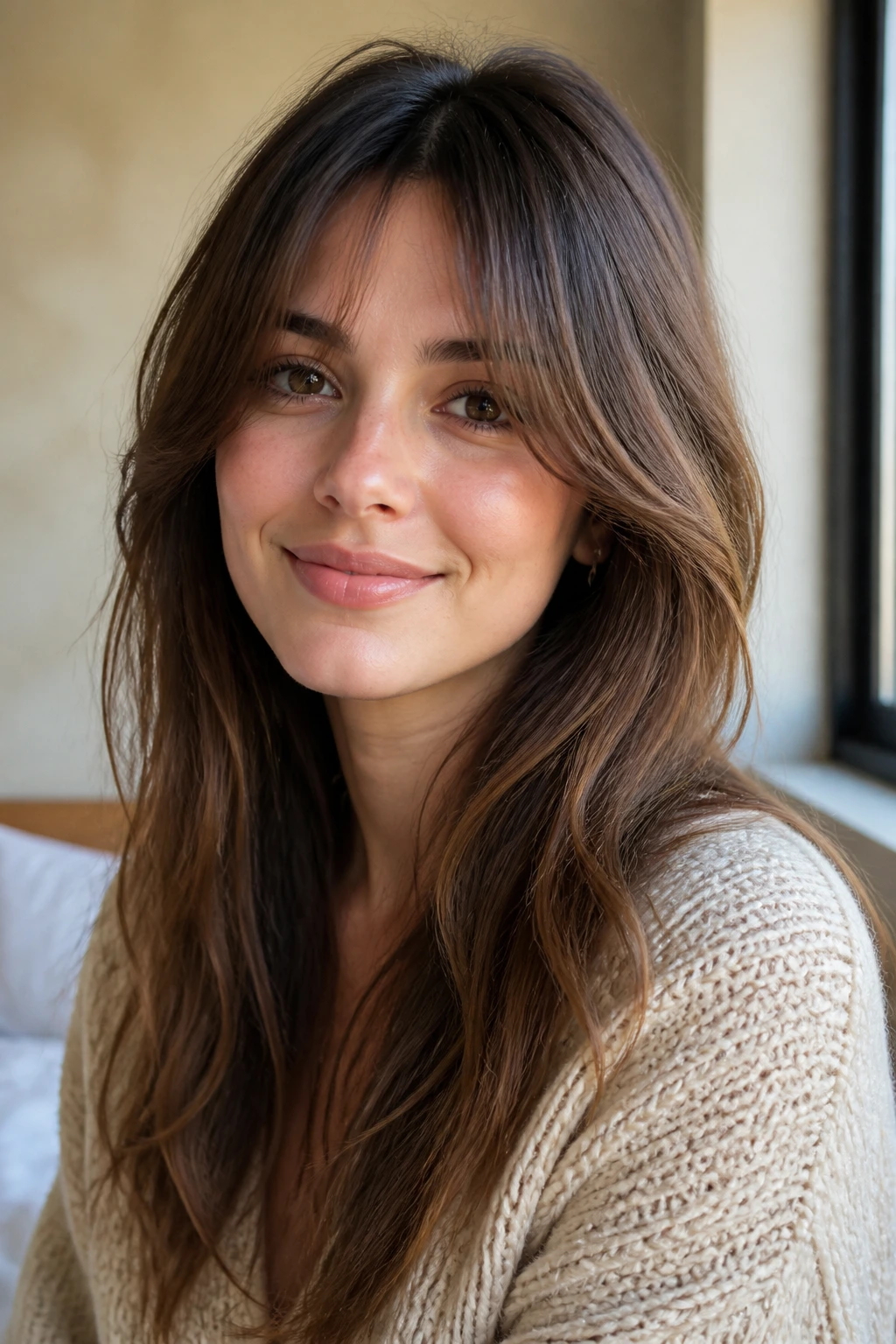 Close-up of a real woman with wispy curtain bangs and long textured layers.
