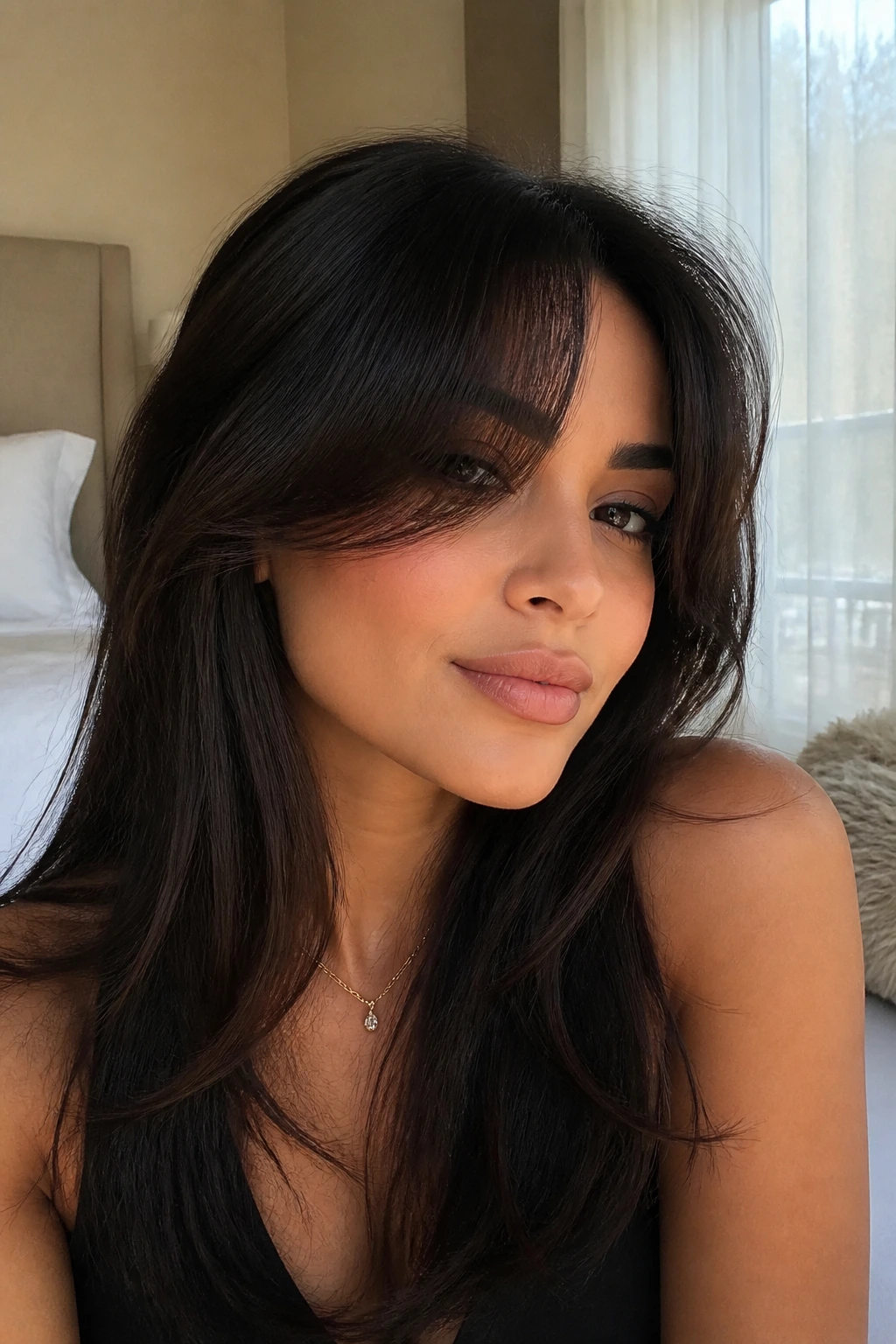 Close-up portrait of a real woman with curtain bangs framing her face.