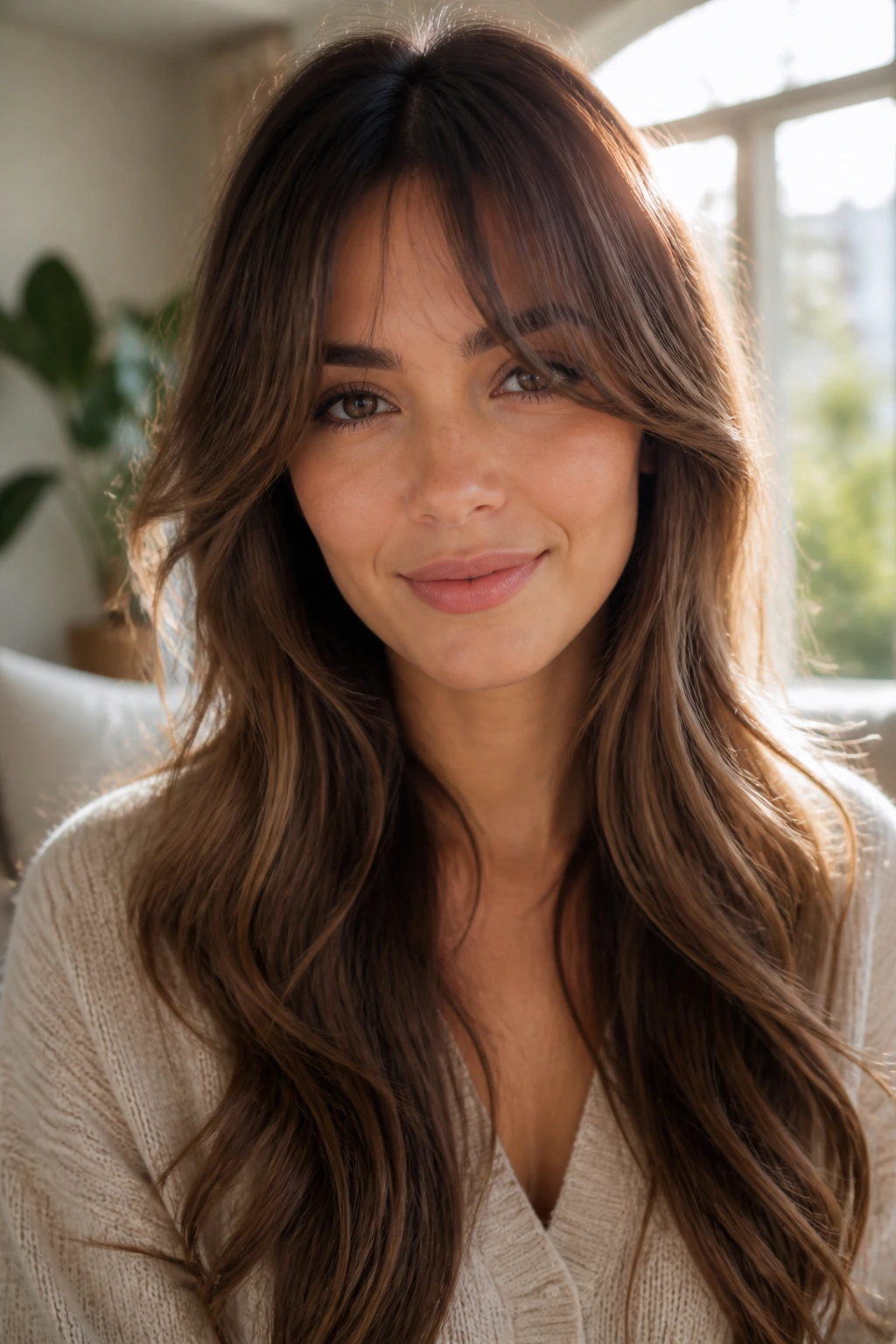Close-up of a real woman with wispy curtain bangs and long waves in natural light