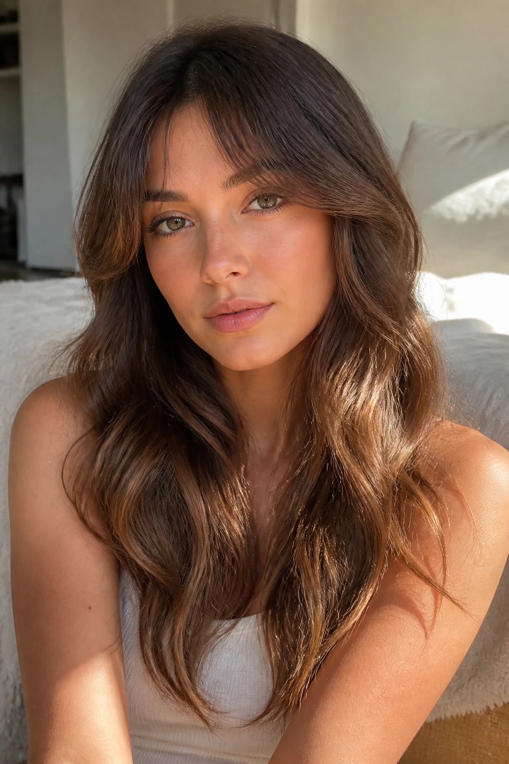 Close-up portrait of a real woman with curtain bangs and long waves