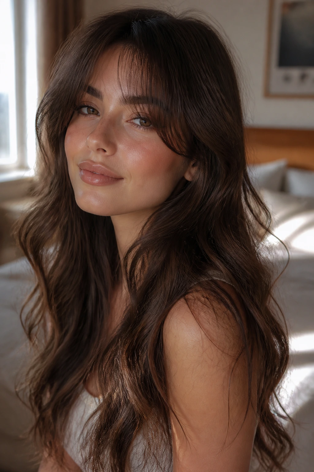 Woman with wispy curtain bangs and long waves in window light