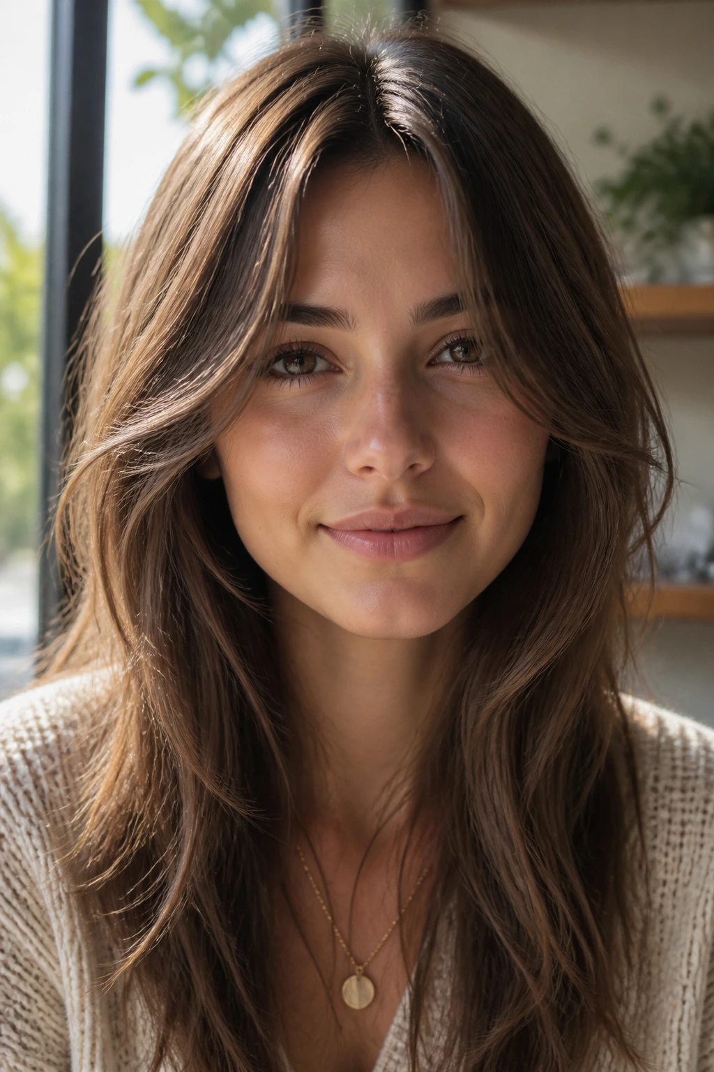 Close-up of a real woman with middle-parted curtain bangs framing the face