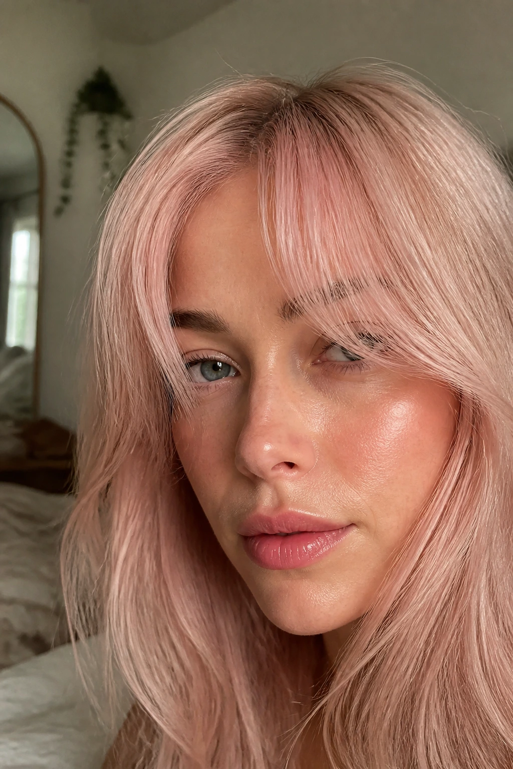 Portrait of a real woman with milky pink curtain bangs framing the face