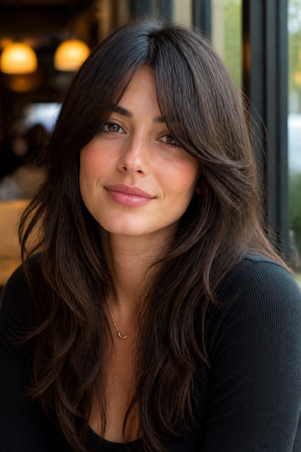 Close-up of a real woman with shaggy curtain-adjacent heavy bangs.