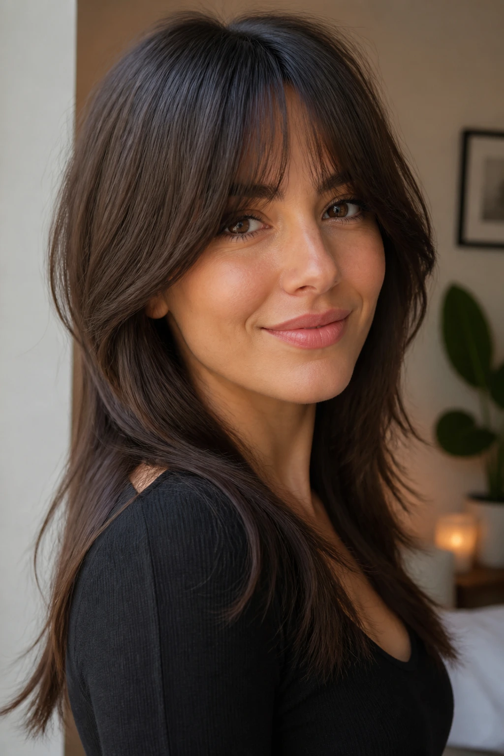 Three-quarter portrait of a woman with curtain bangs