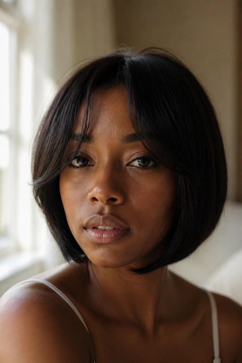 Close-up of a woman with curtain bangs framed by soft window light