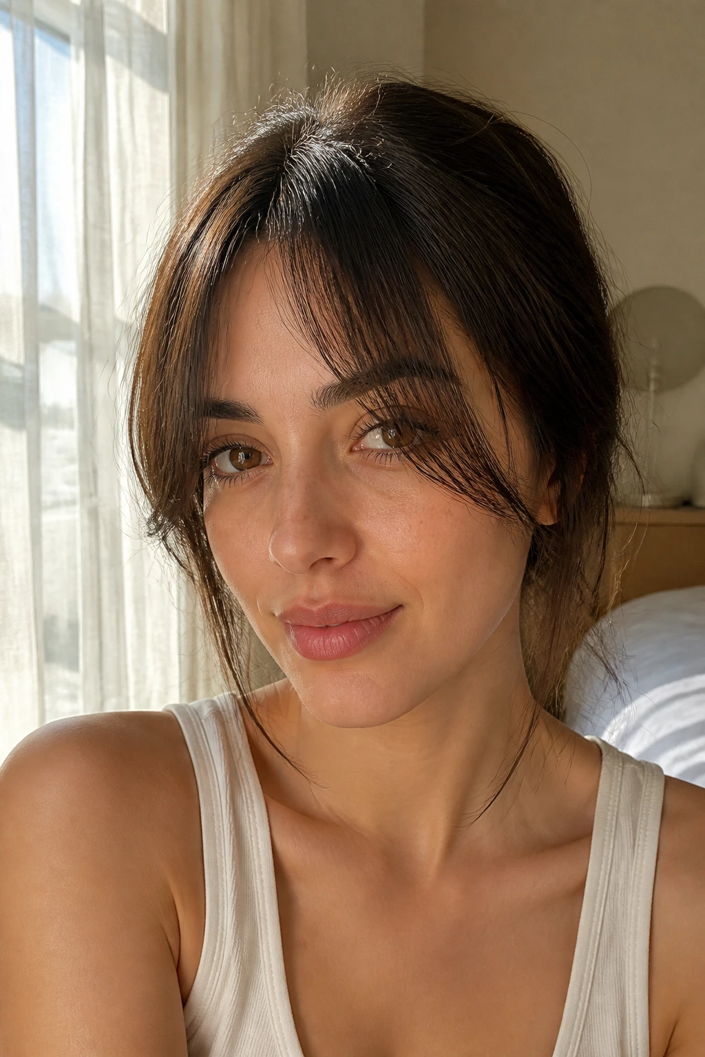 Close-up portrait of a real woman with wispy curtain bangs framing the eyes in warm window light.