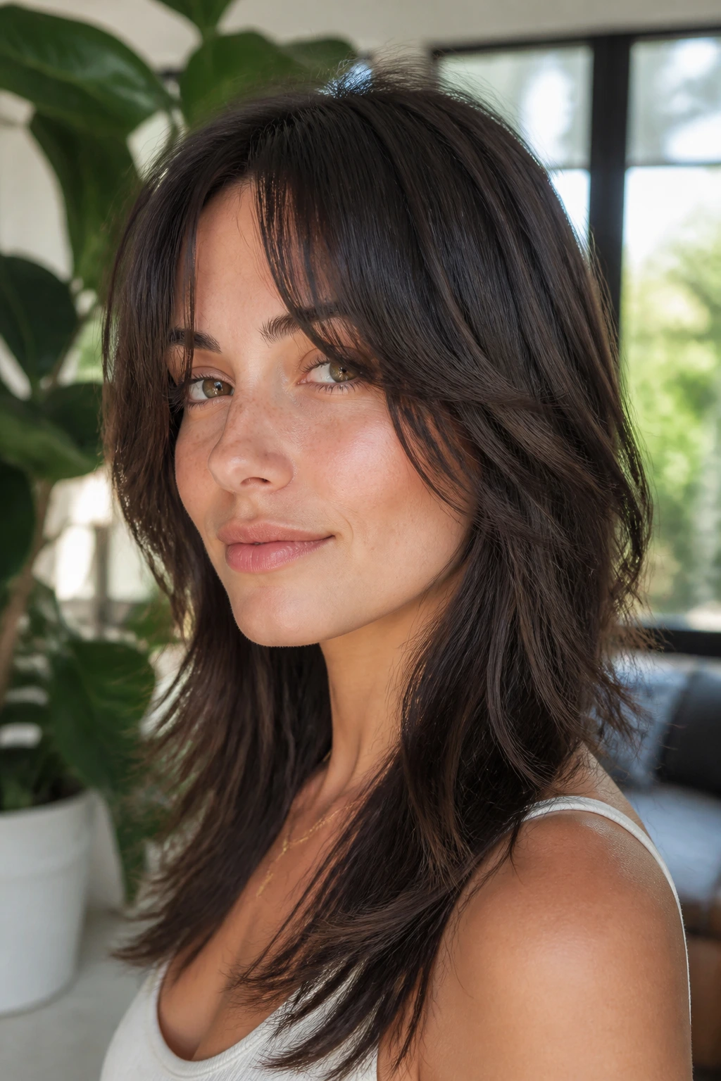 Close-up of a real woman with wispy curtain bangs and shag texture in bright room.