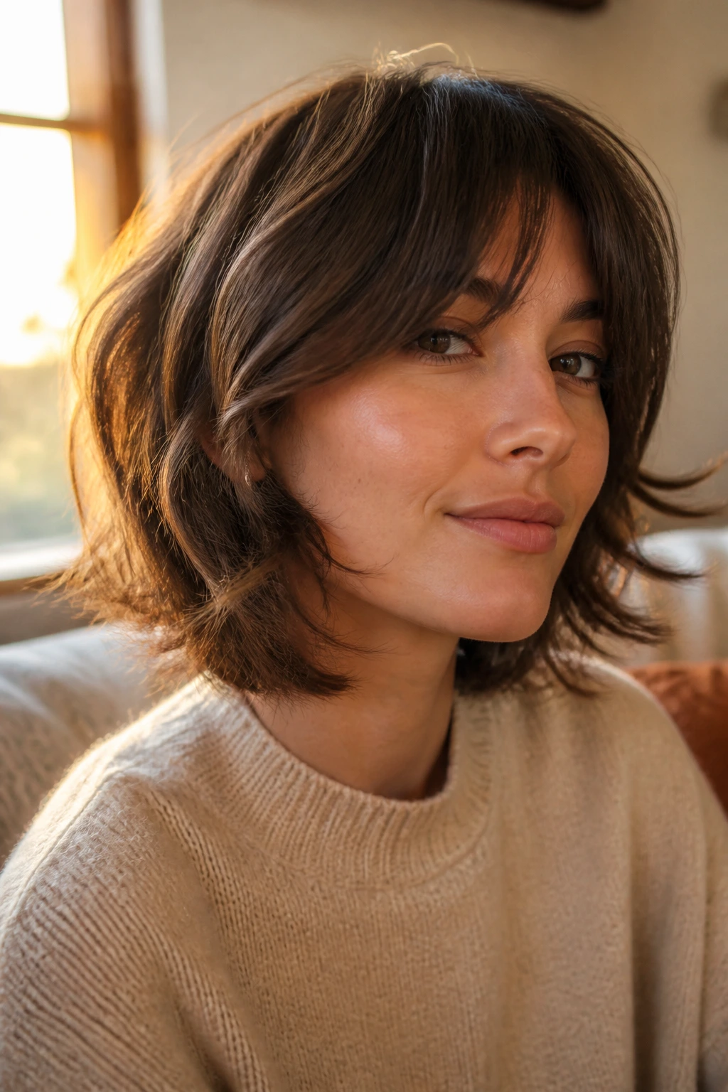 Close-up portrait of a woman with curtain bangs and shag hairstyle in warm window light