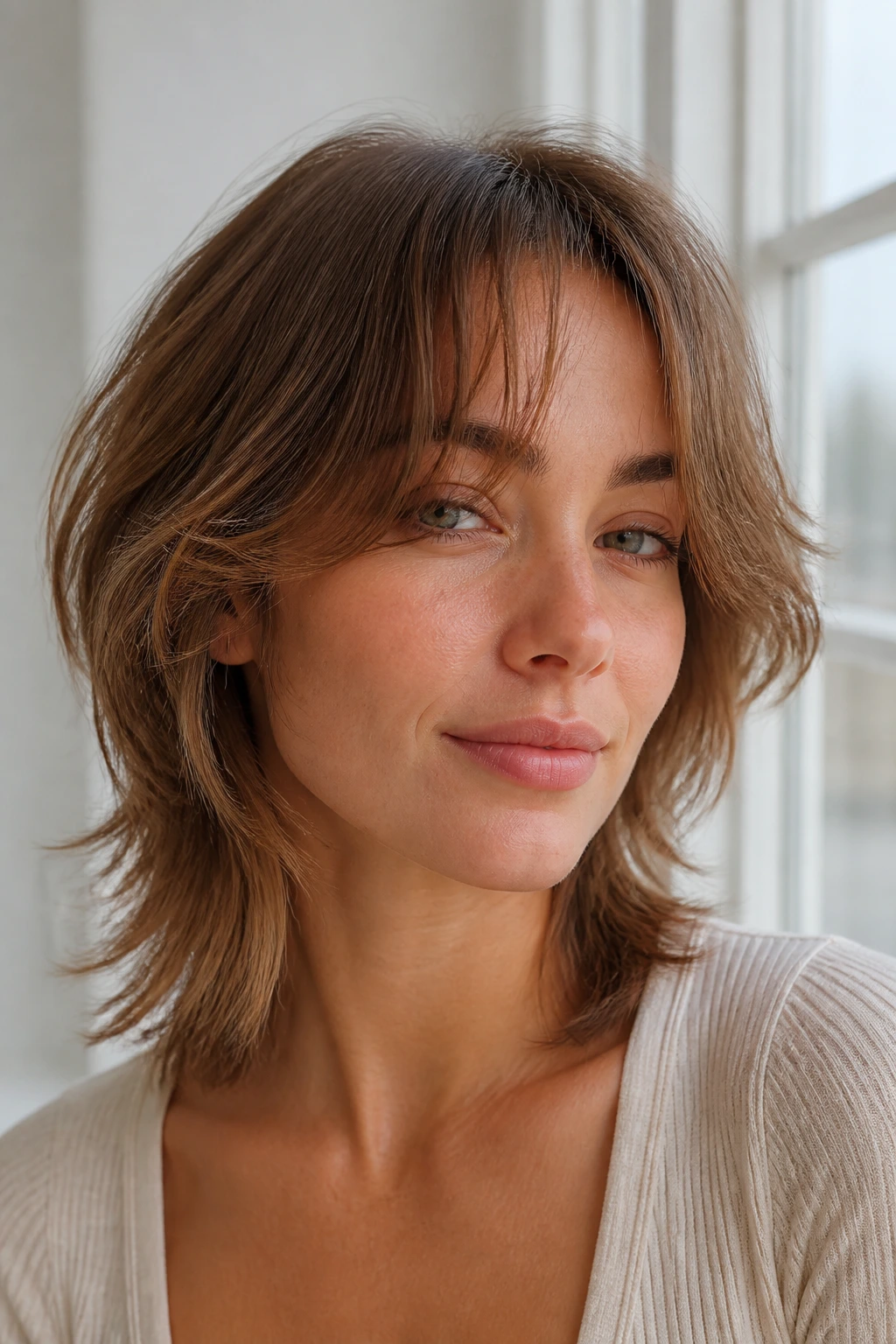Portrait of a woman with wispy curtain bangs and soft shag layers
