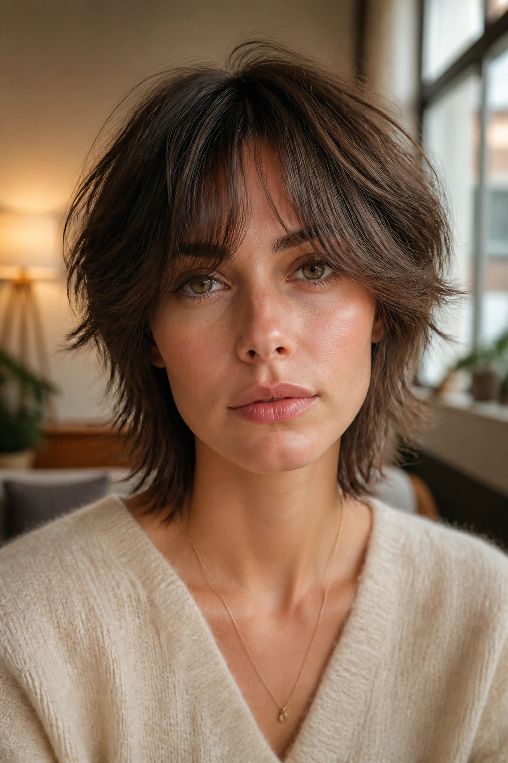Close-up of heavily textured curtain bangs on a short shag