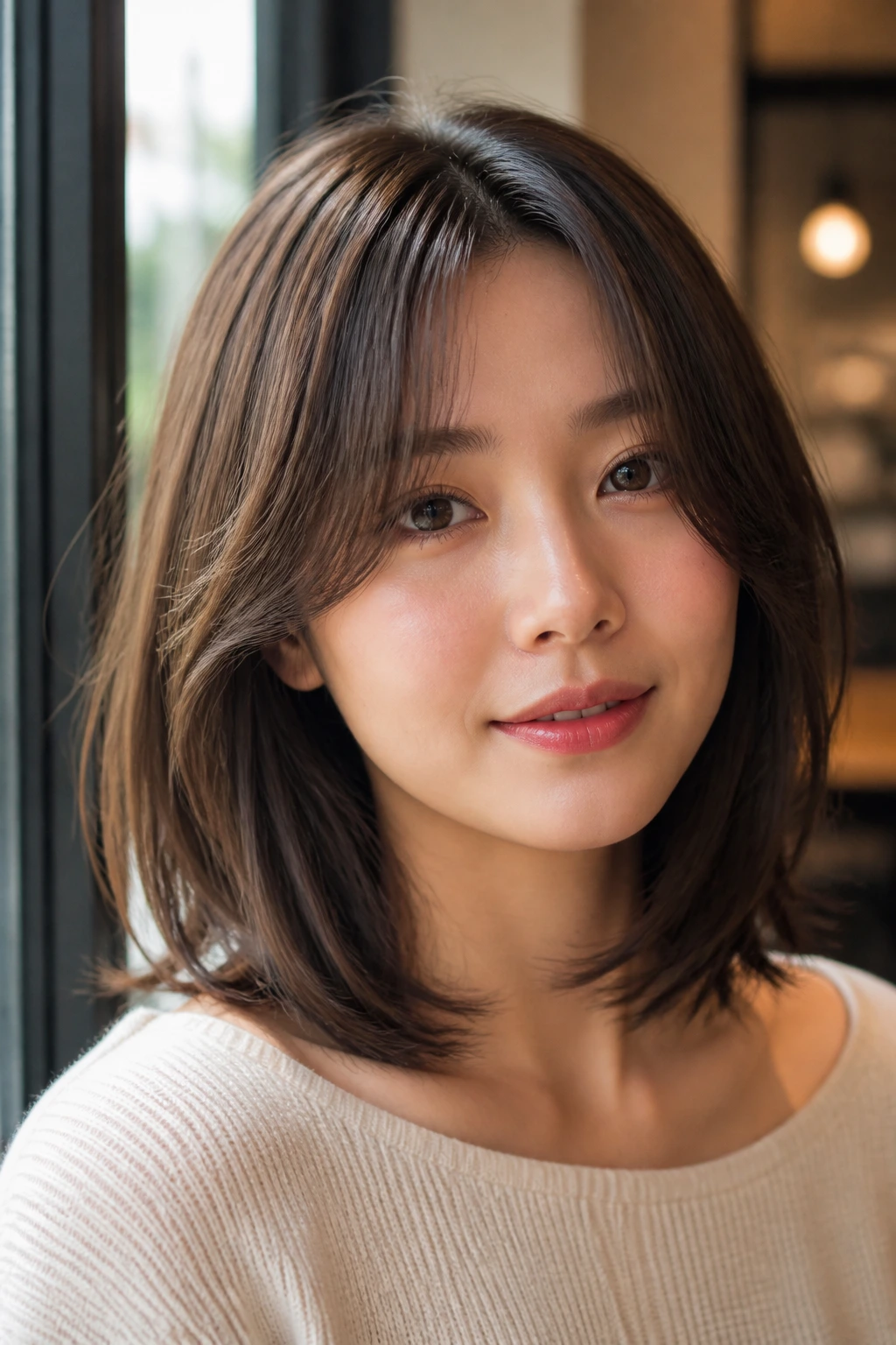 Close-up portrait of a real woman with curtain bangs and shoulder-length lob framing the face