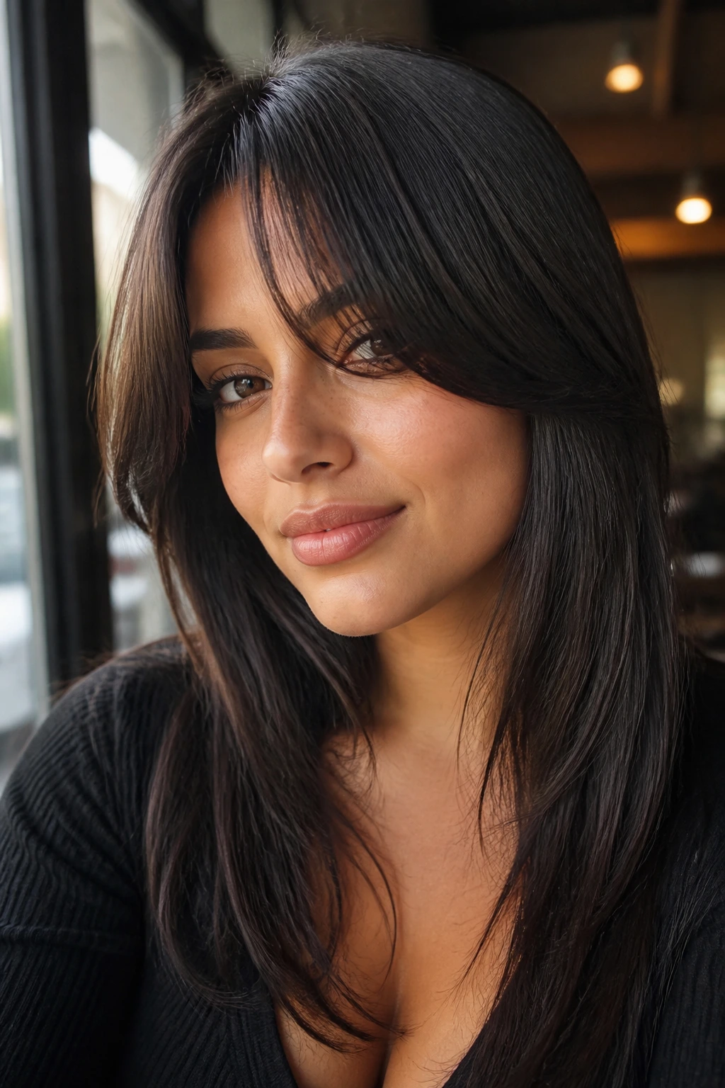 Close-up of a real woman's face with face-framing curtain bangs softening her features.