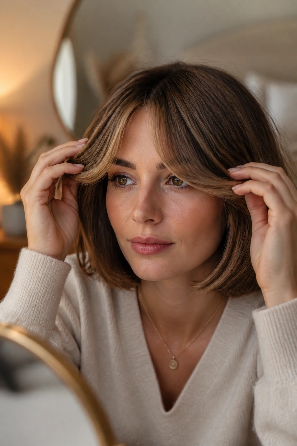 Girl with curtain bangs styled away from eyes in warm room