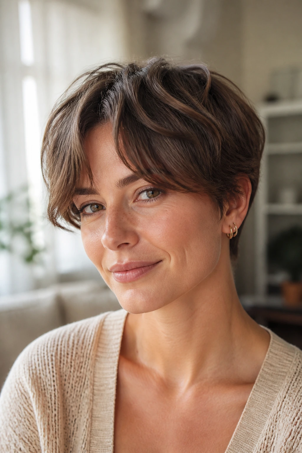 Close-up portrait of a real woman with curtain bangs textured crop