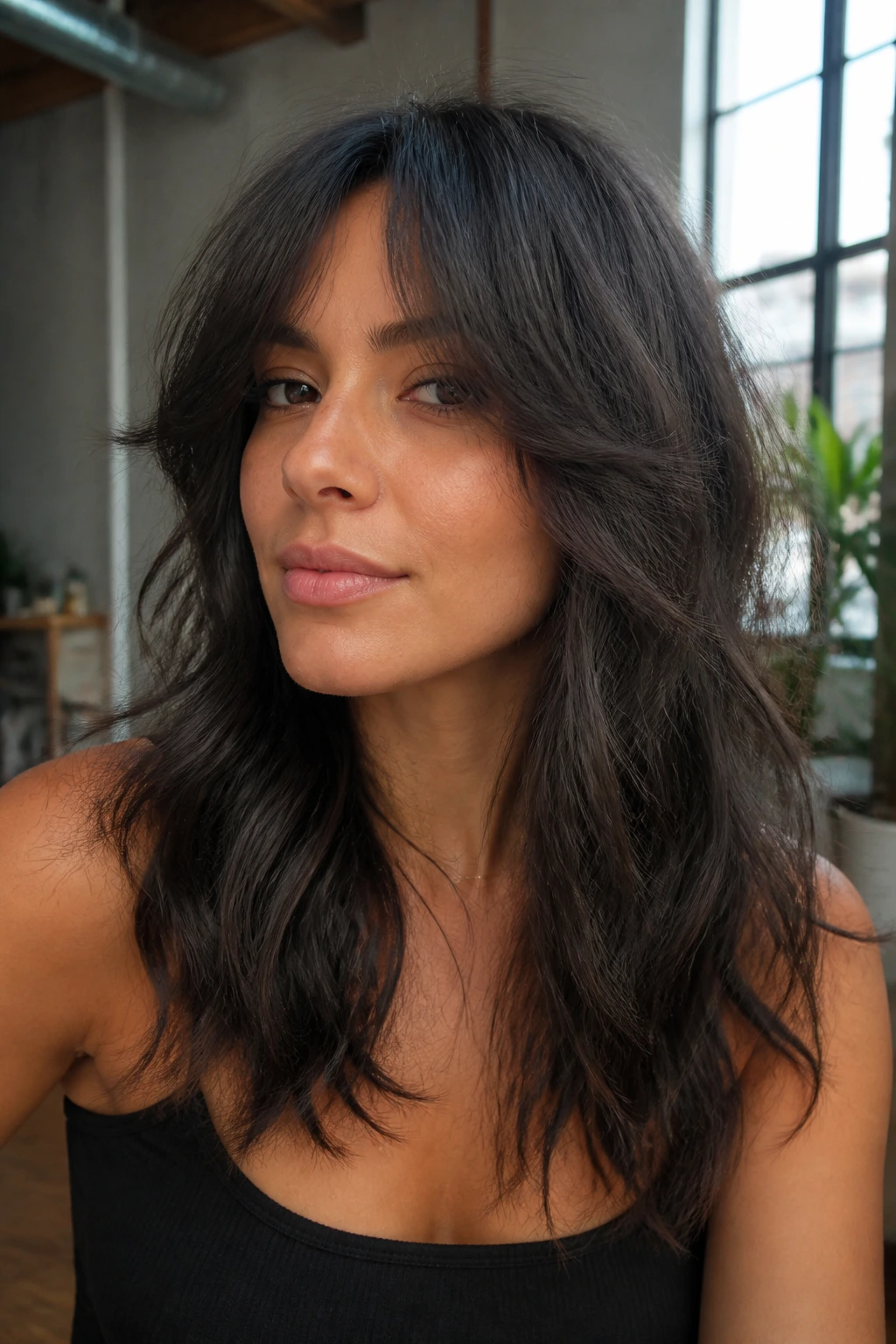 Close-up of a real woman with textured curtain bangs parted in the middle