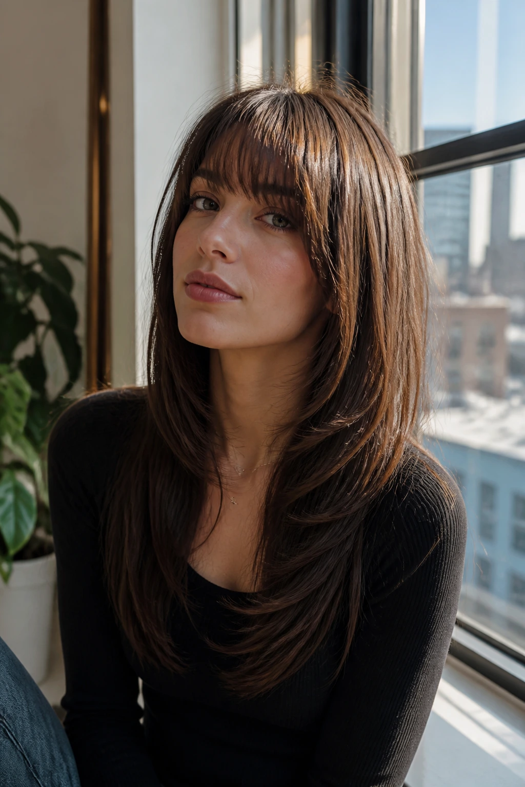Close-up of curtain bangs blending into a U-cut perimeter on a real woman
