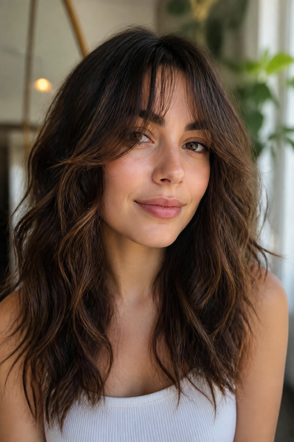 Portrait of a woman with wispy curtain bangs and soft waves in natural light.
