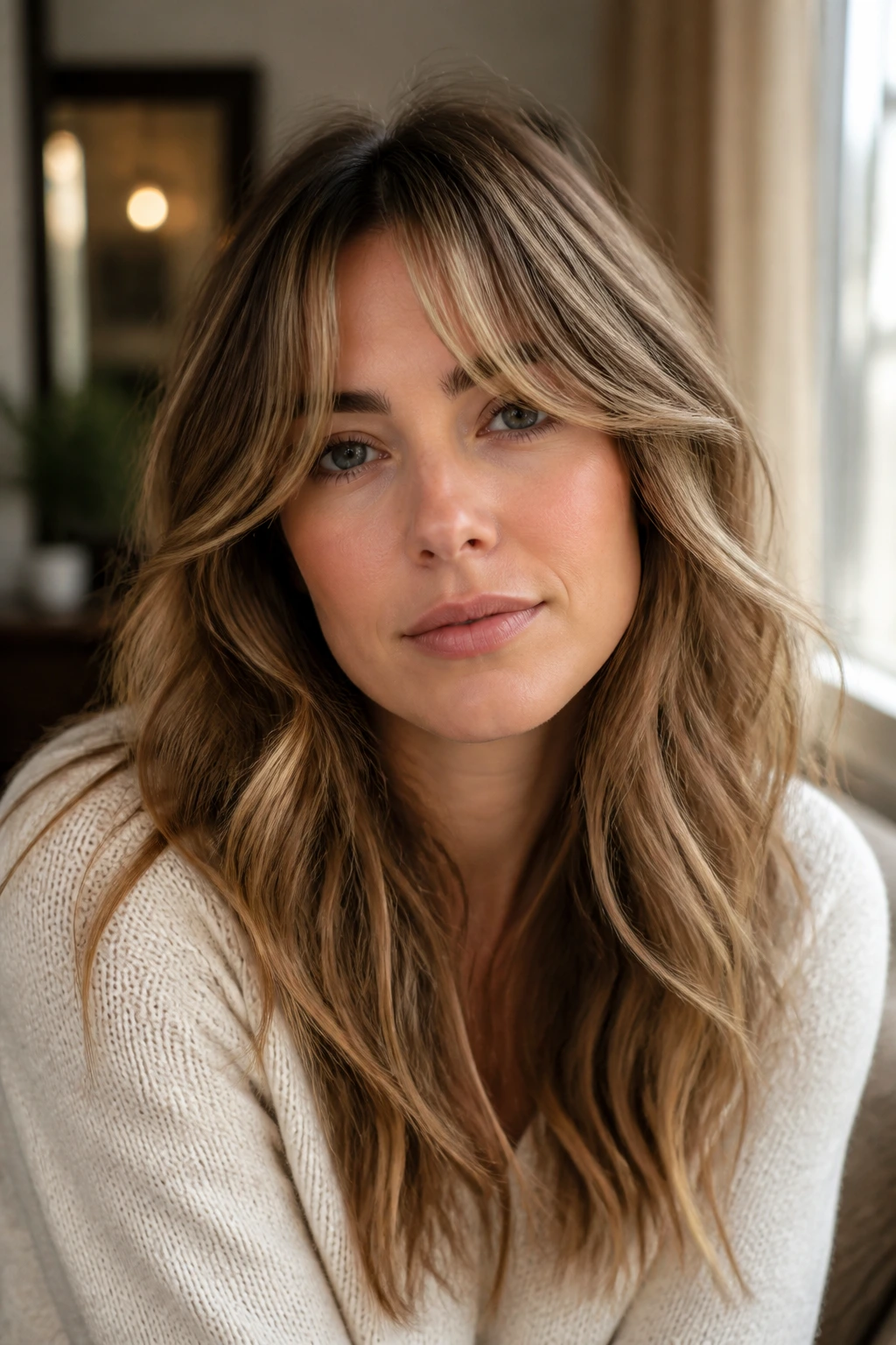 Close-up portrait with curtain bangs and loose waves framing the face.
