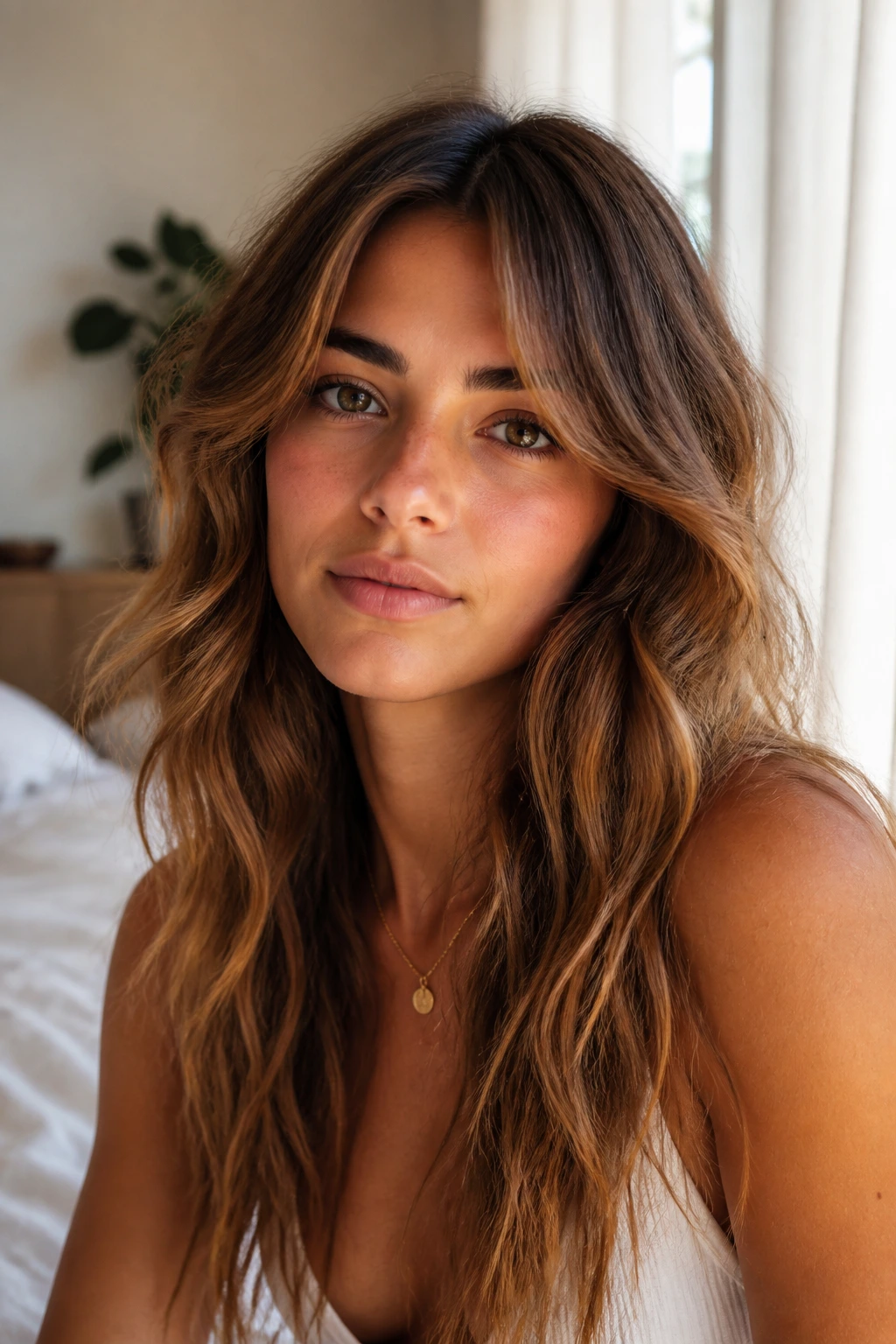 Close-up of curtain bangs with loose beach waves on a real woman, soft window light
