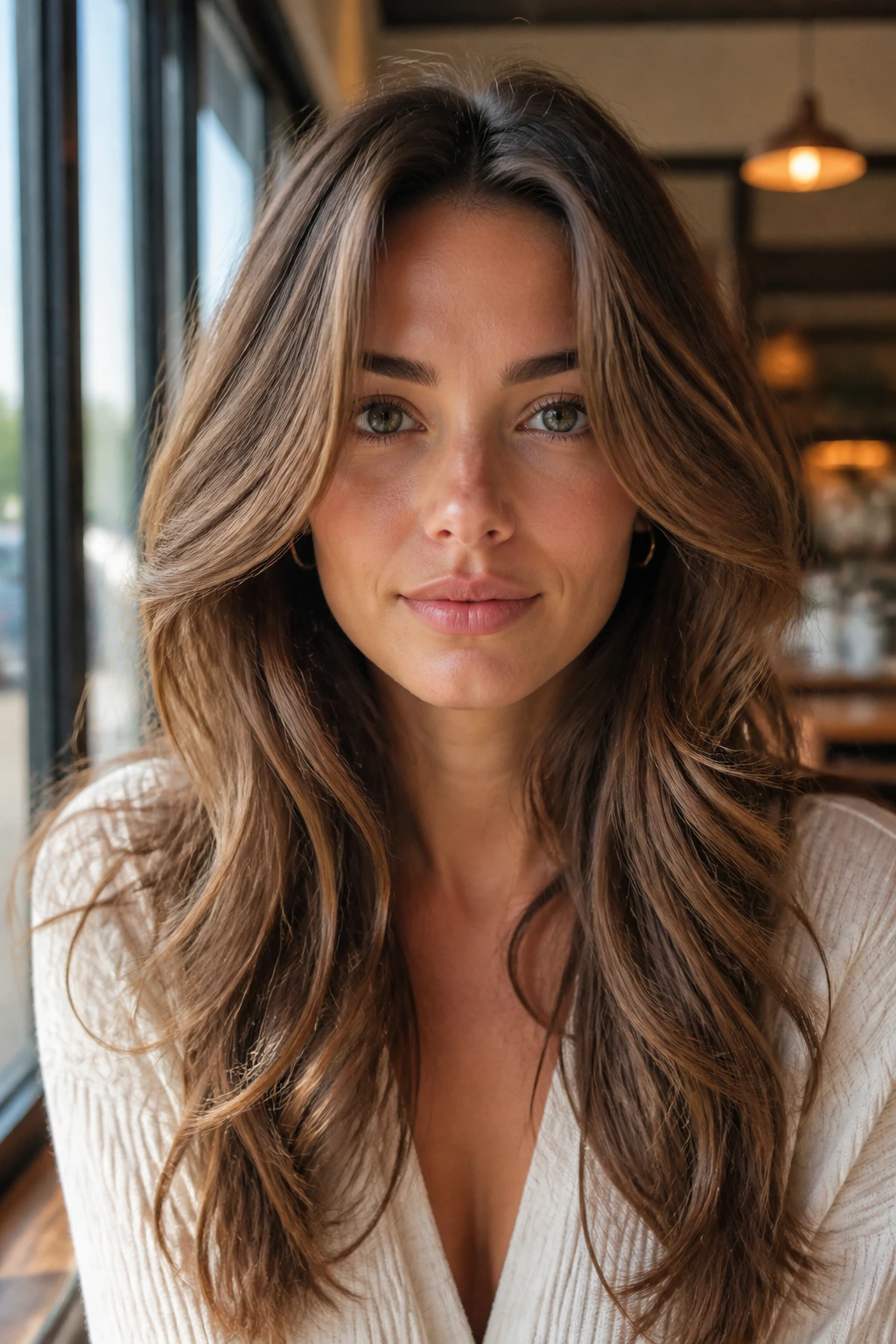 Close-up of a real woman with long curtain bangs swept wide in daylight at a cafe window.