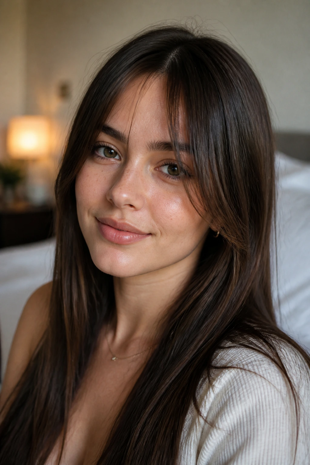 Woman with wispy curtain bangs framing face in soft light
