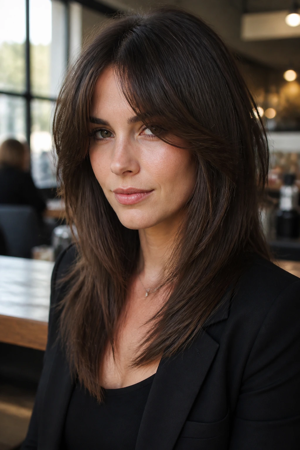 Close-up portrait of a real woman with curtain bangs and wispy angled cut in a modern workspace