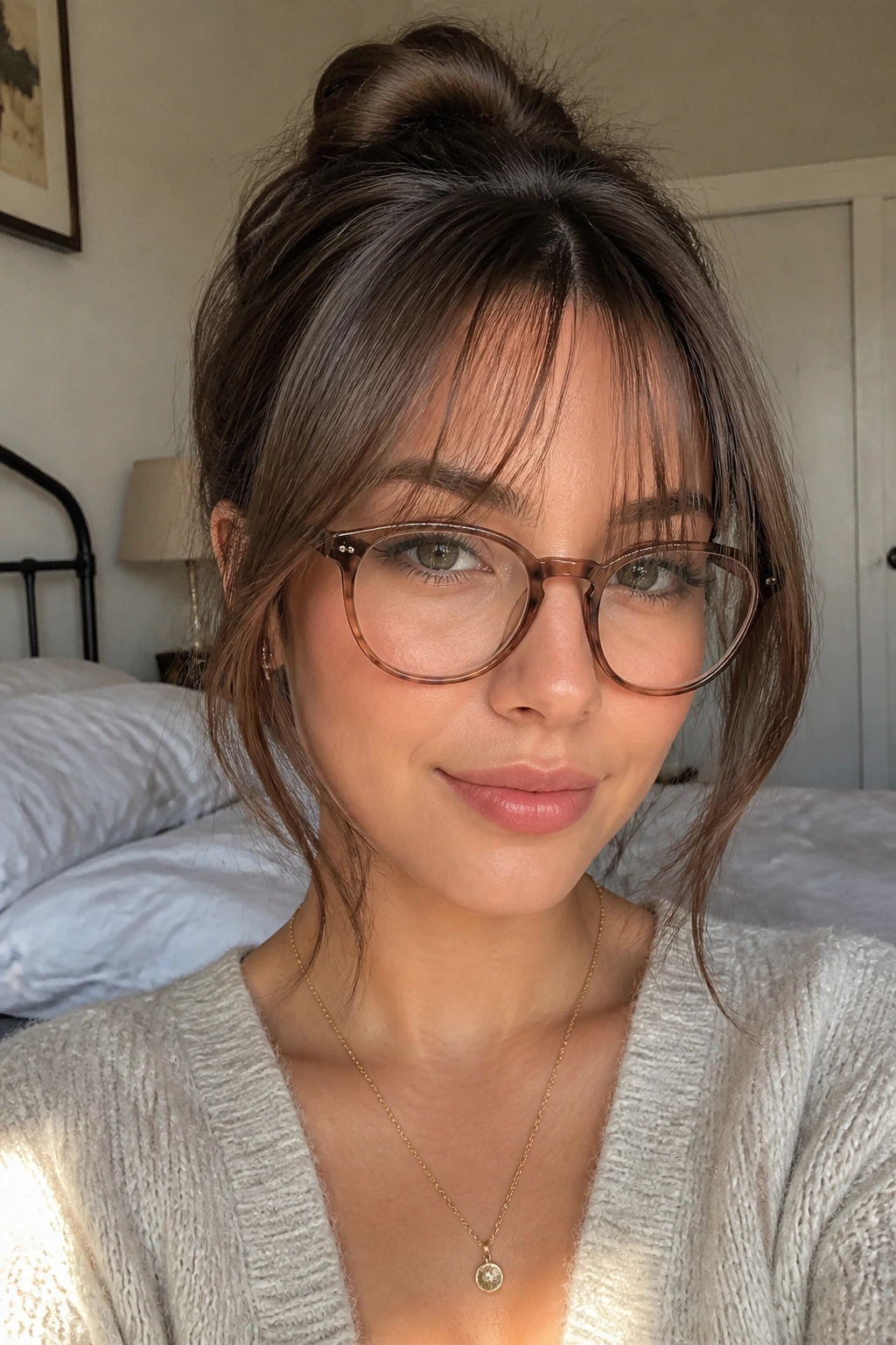 Portrait of a woman with wispy curtain bangs framing eyes and cheekbones.