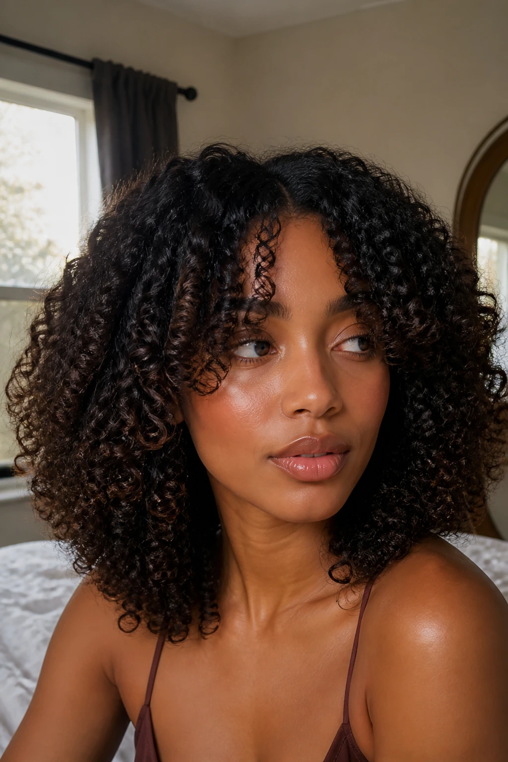 Portrait of a person with curtain curls framing the face