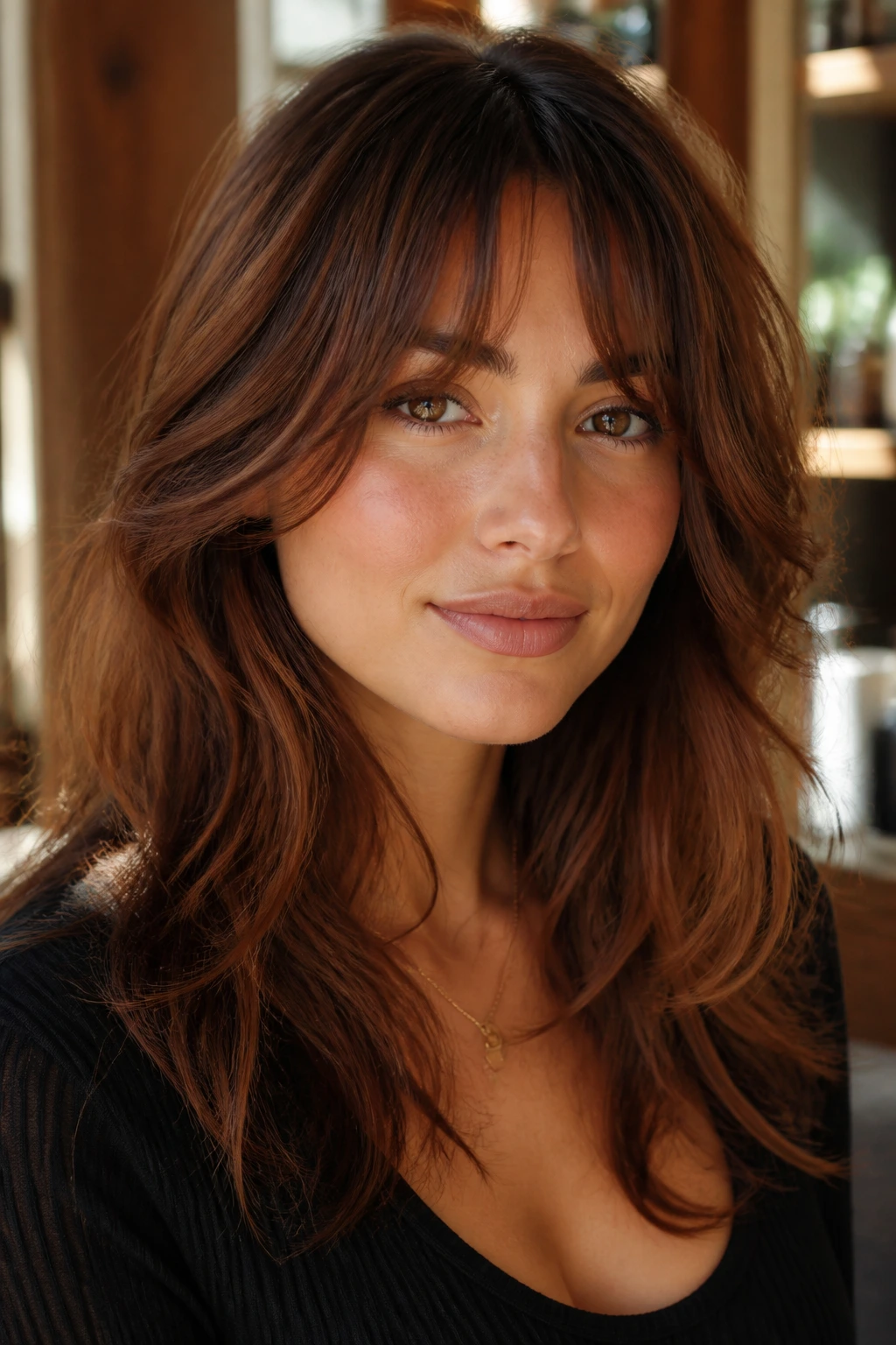 Close-up of a brunette with auburn tones and curtain bangs in a sunlit room