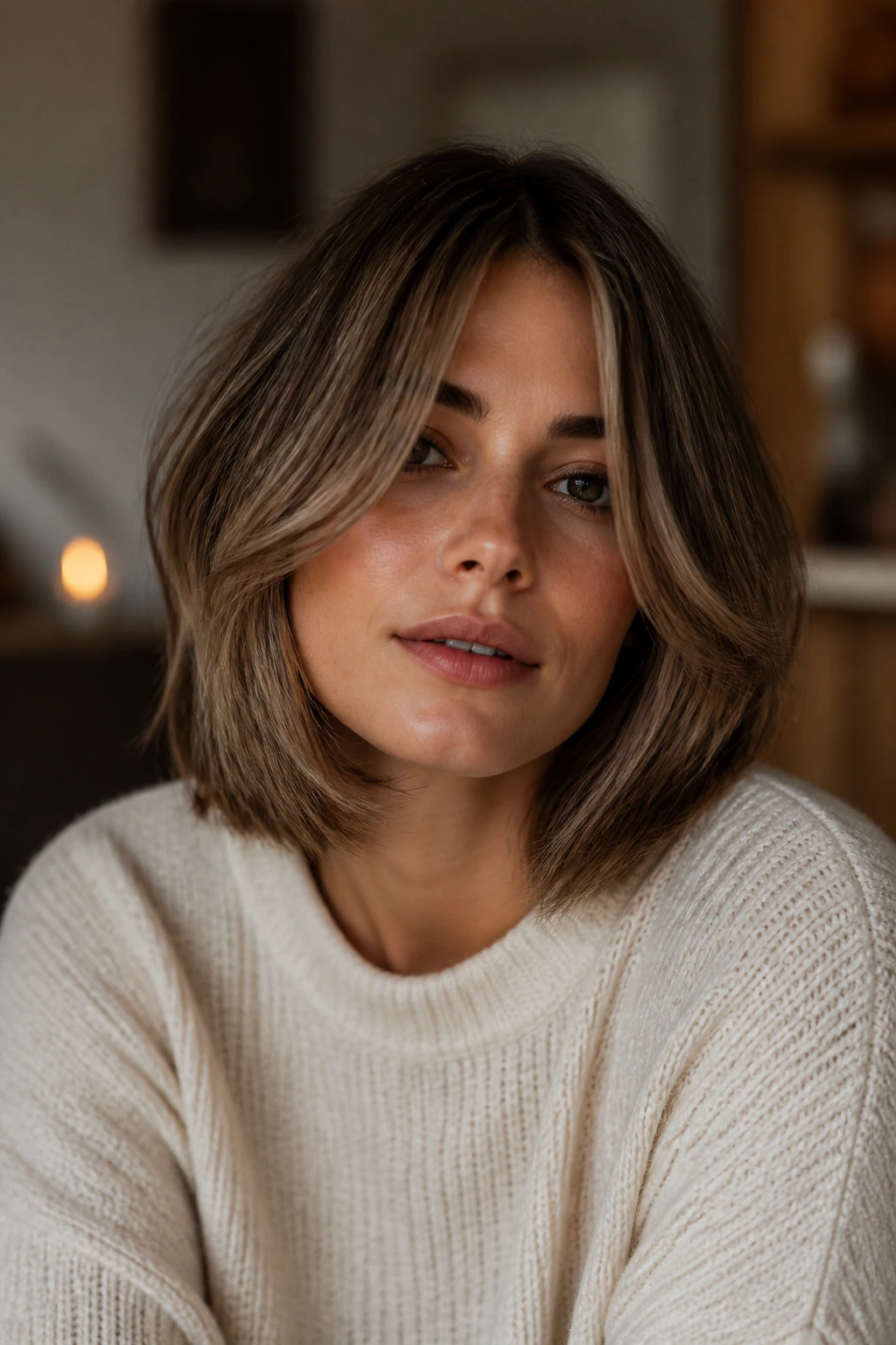 Portrait of a real person with curtain-layered bob framing the face.
