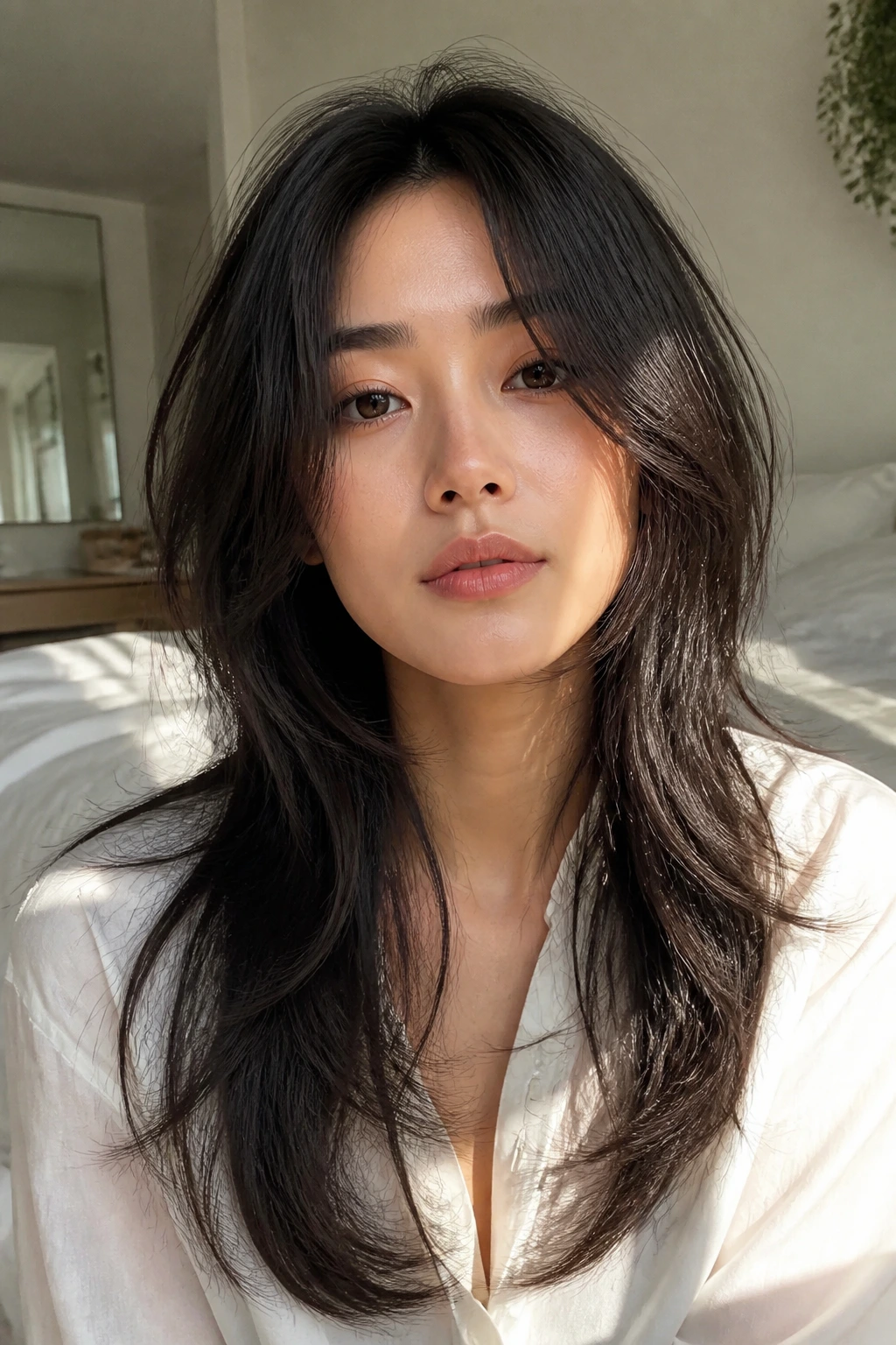 Close-up portrait of a woman with wispy curtain layers and center part