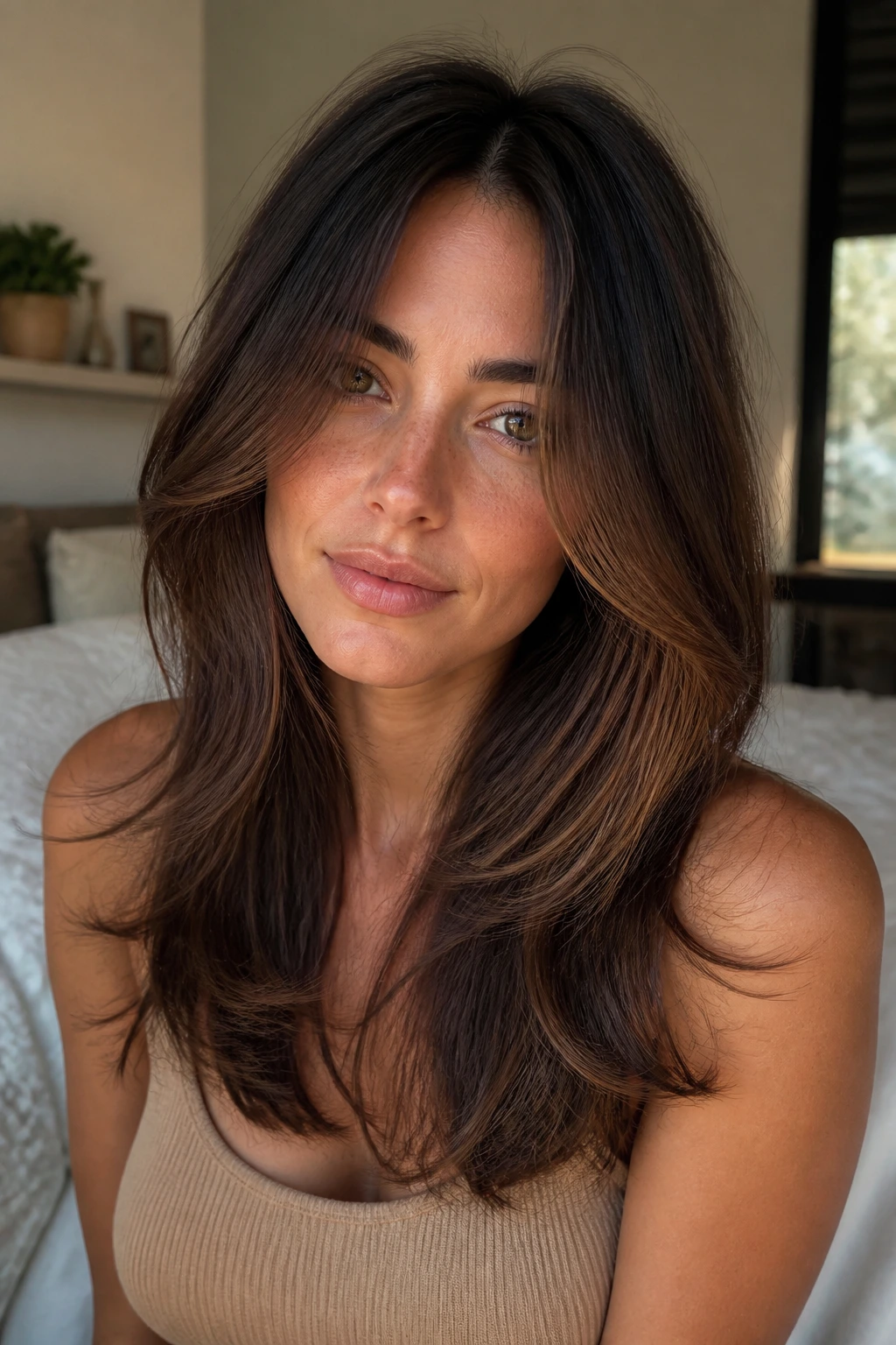 Close-up portrait of a woman with curtain layers framing her face