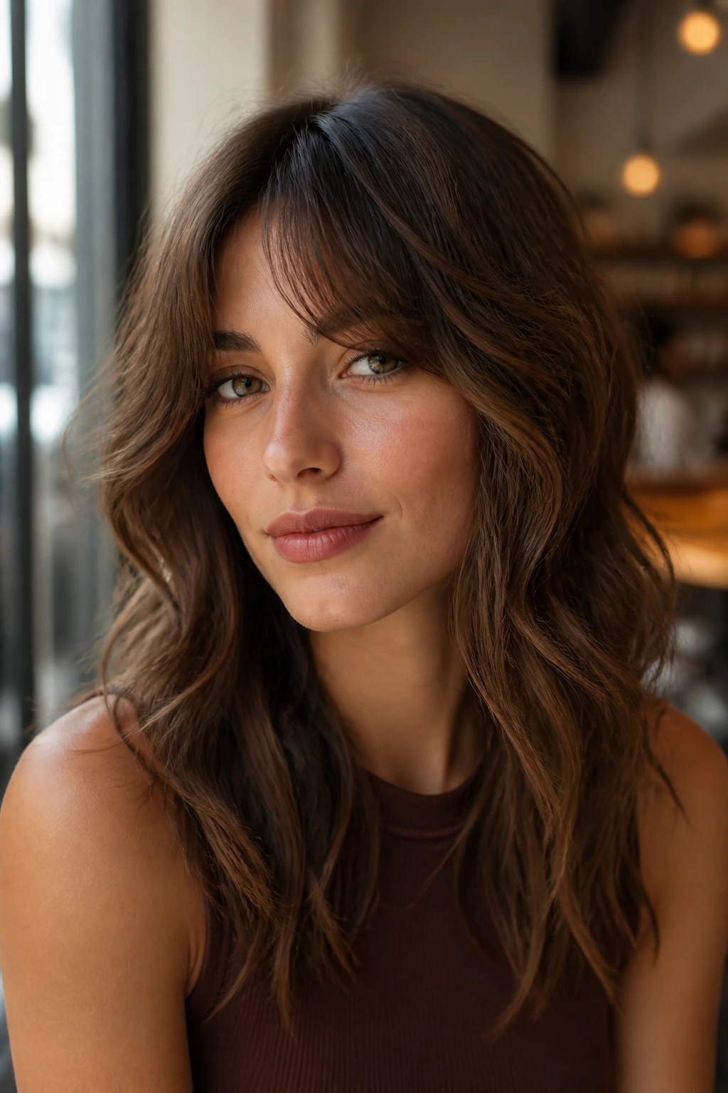 Portrait of a woman with curtain waves framing her cheeks.
